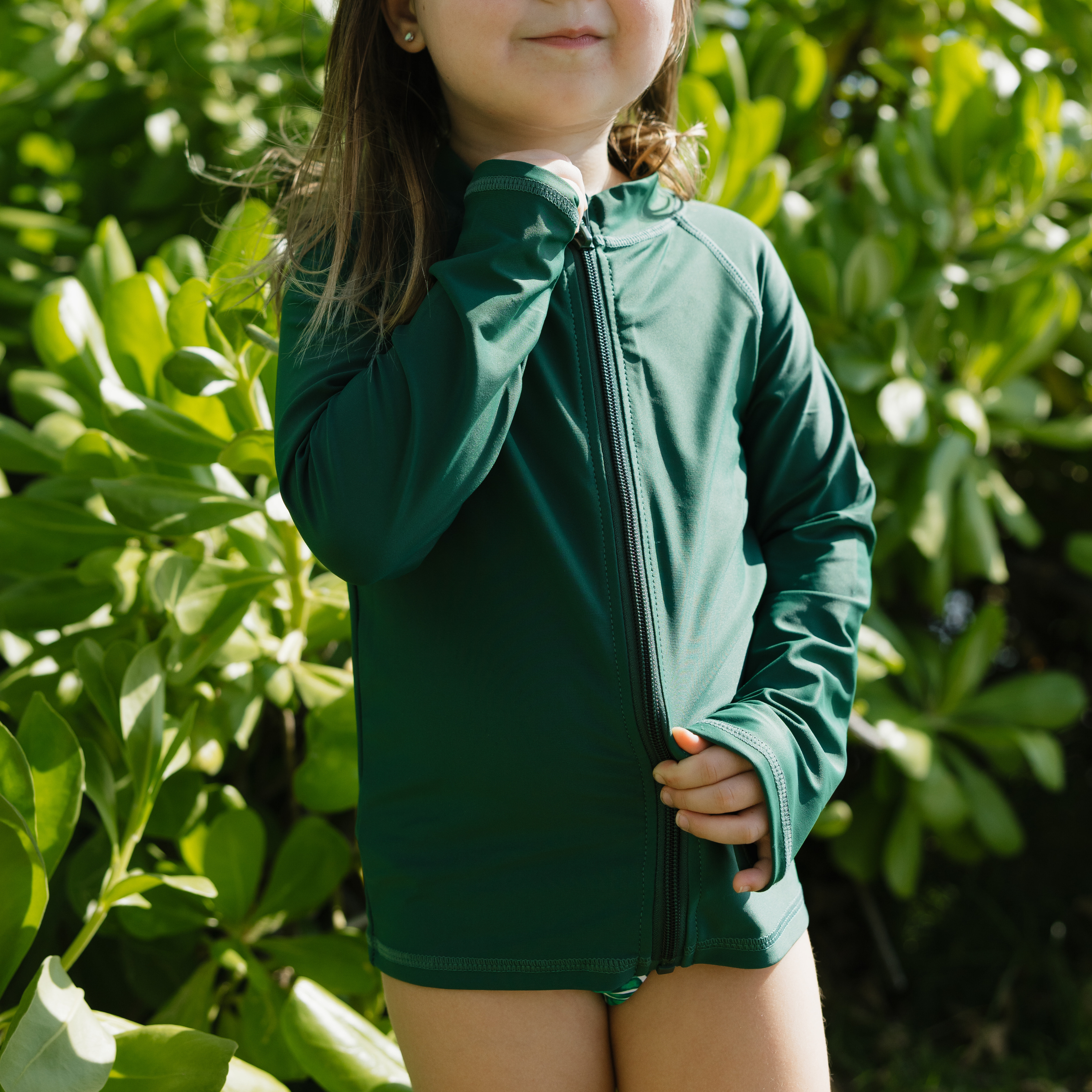 Kids UPF 50+ Long Sleeve Zipper Rash Guard Swim Shirt | "Hunter Green"-SwimZip UPF 50+ Sun Protective Swimwear & UV Zipper Rash Guards-pos2