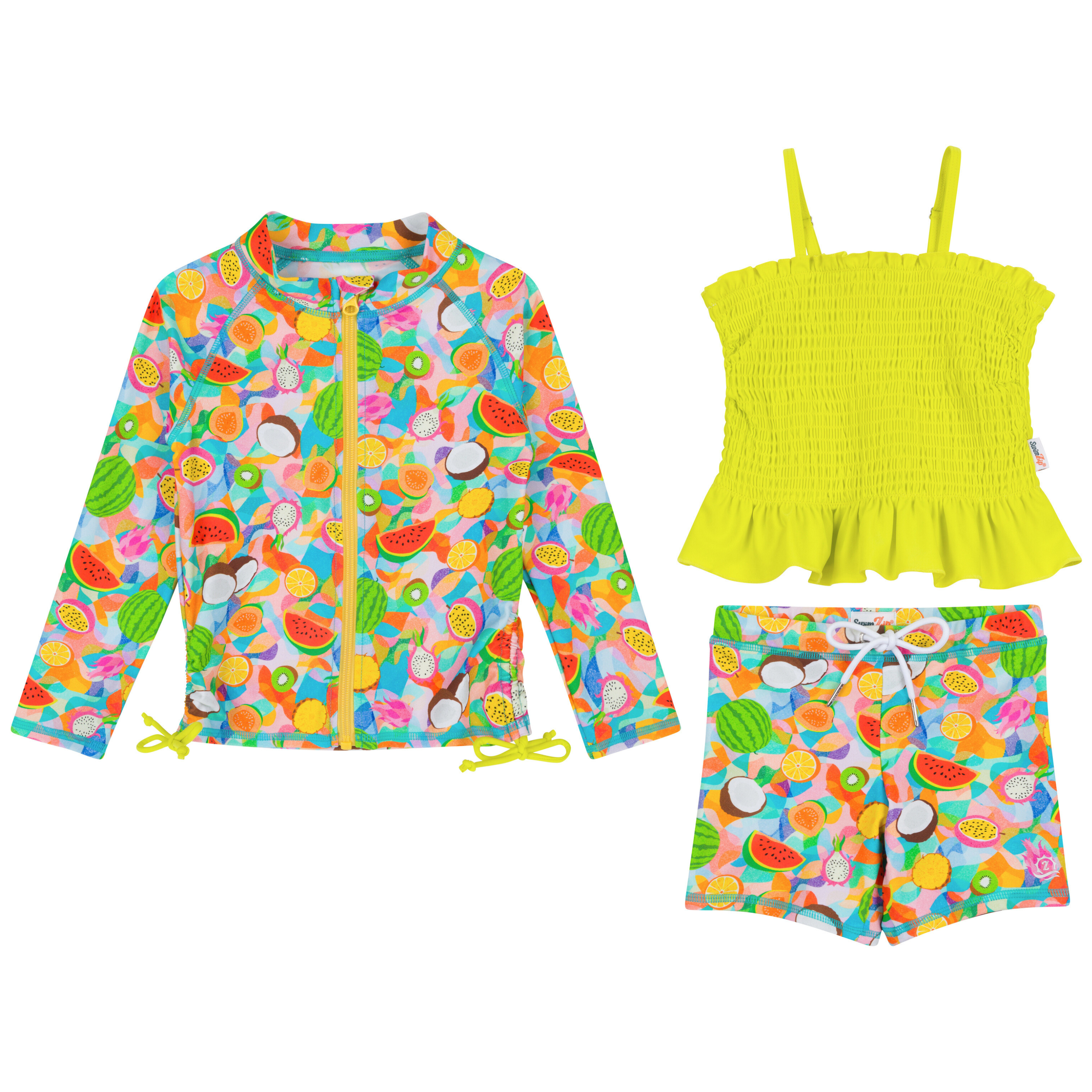 Girls Long Sleeve Rash Guard + Smocked Tankini Shorts Set (3 Piece) | "Fruit Salad"-2T-Fruit Salad-SwimZip UPF 50+ Sun Protective Swimwear & UV Zipper Rash Guards-pos1