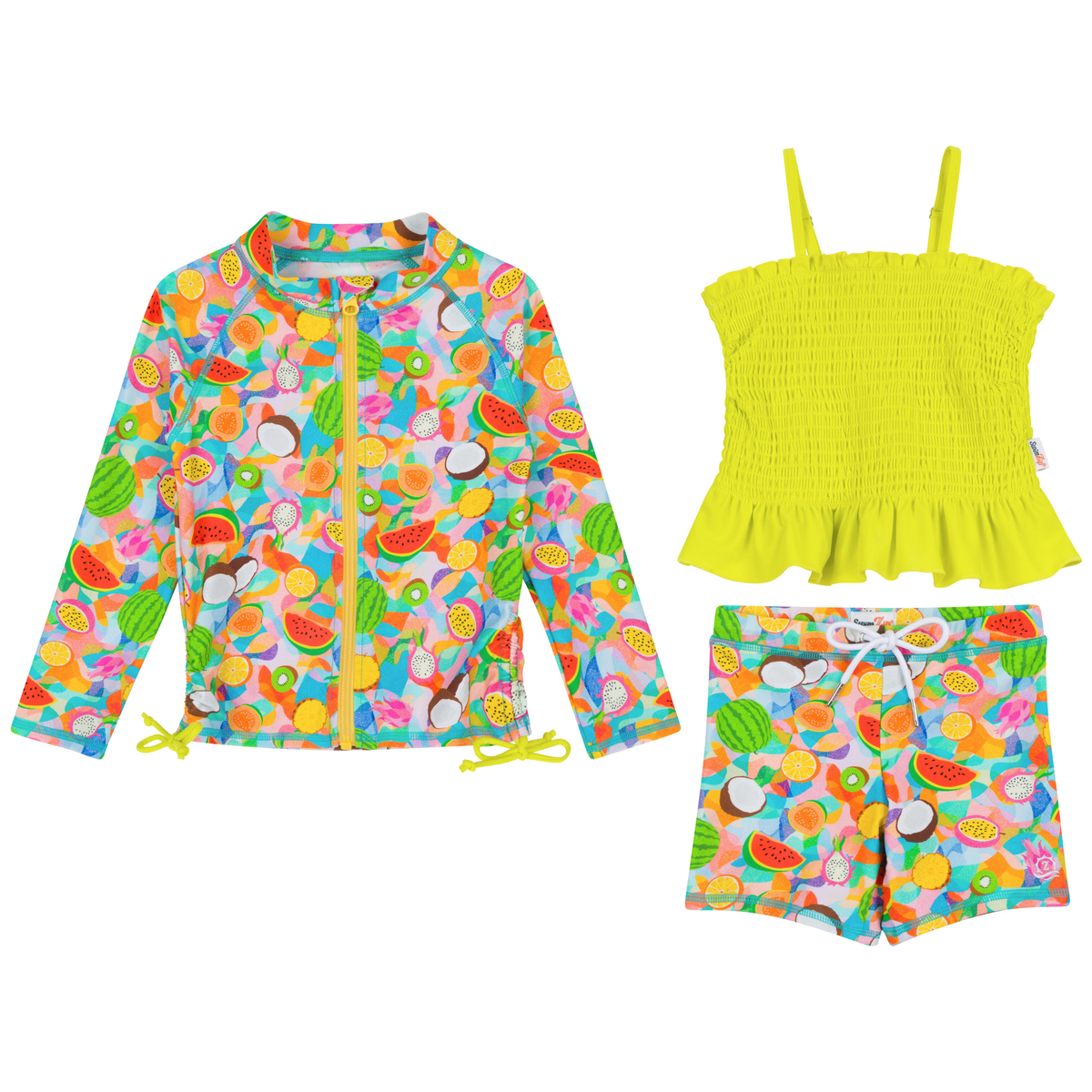 Girls Long Sleeve Rash Guard + Smocked Tankini Shorts Set (3 Piece) |