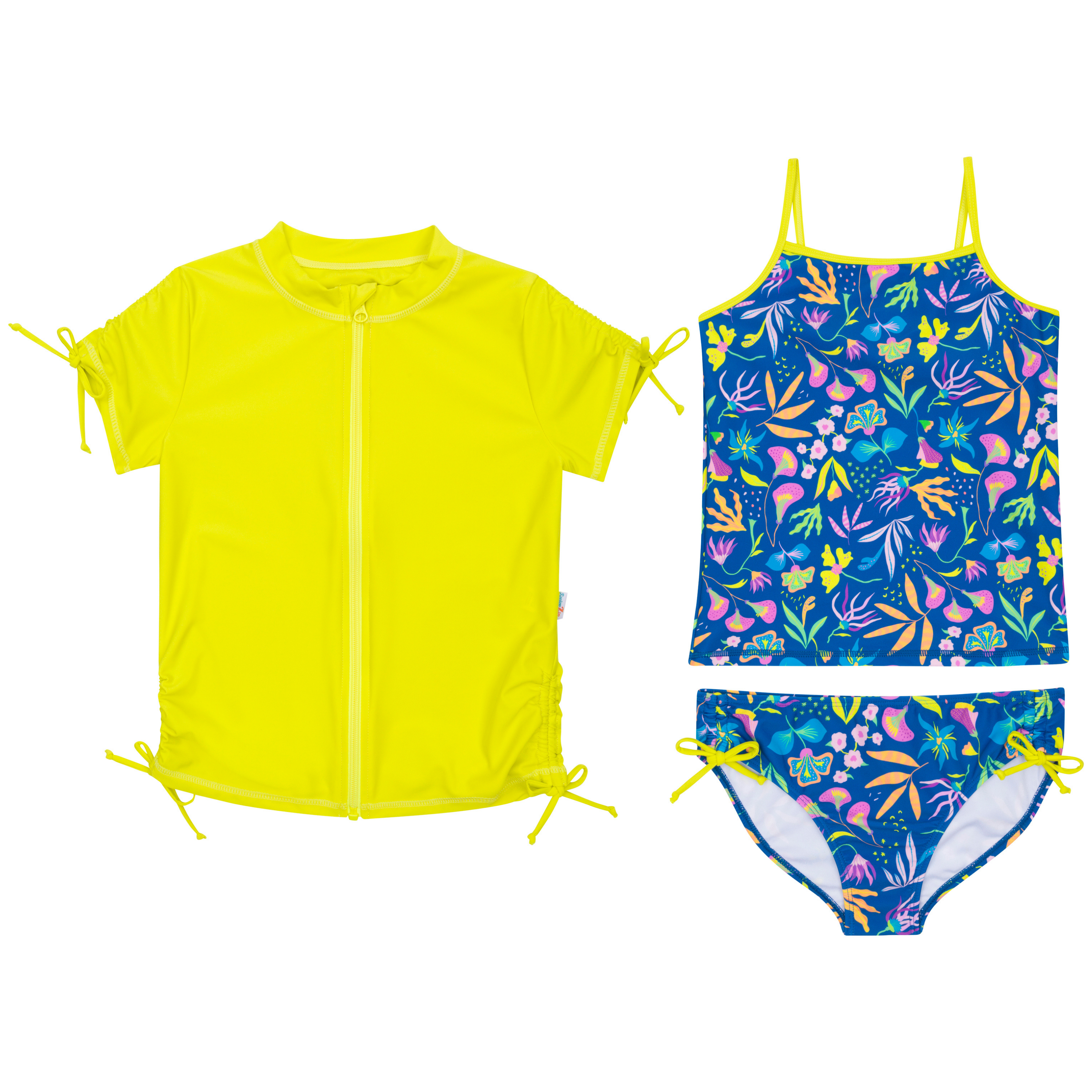 Girls Short Sleeve Rash Guard + Tankini Bikini Set (3 Piece) | "Tropadelic”-SwimZip UPF 50+ Sun Protective Swimwear & UV Zipper Rash Guards-pos1