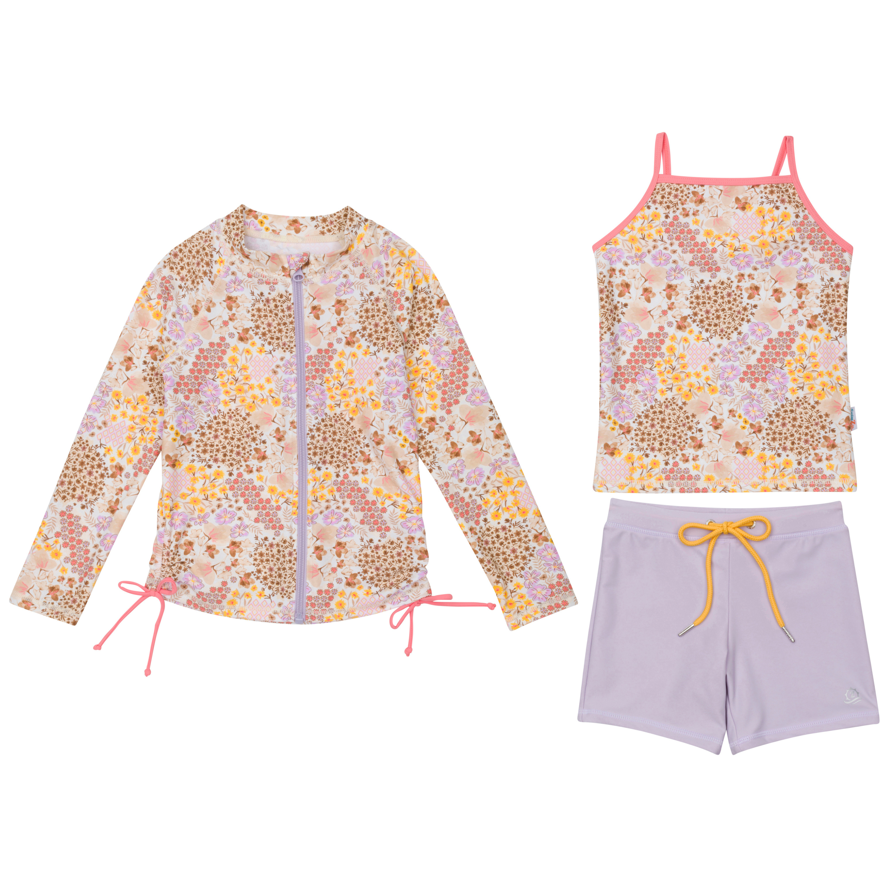 Girls Long Sleeve Rash Guard + Tankini Shorts Set (3 Piece) | "Meadows"-2T-Meadows-SwimZip UPF 50+ Sun Protective Swimwear & UV Zipper Rash Guards-pos1