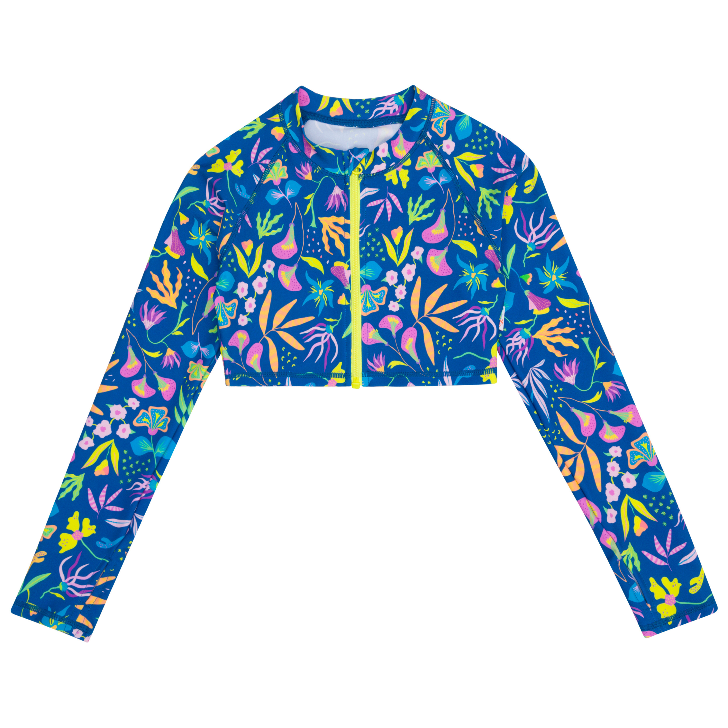 Girls Long Sleeve Crop Rash Guard | "Tropadelic"-SwimZip UPF 50+ Sun Protective Swimwear & UV Zipper Rash Guards-pos1