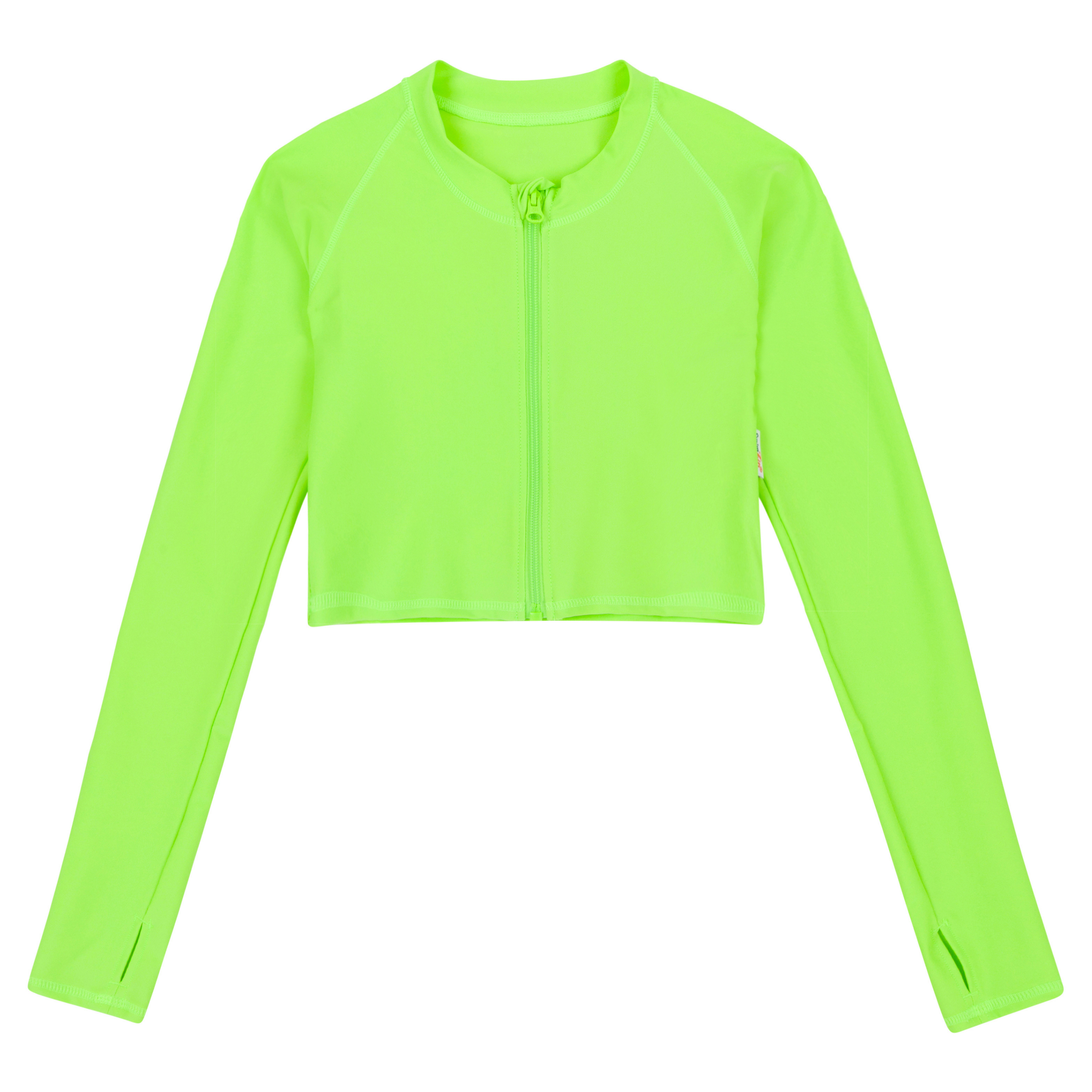 Women's Long Sleeve Crop Rash Guard | “Electric Green"-XS-Electric Green-SwimZip UPF 50+ Sun Protective Swimwear & UV Zipper Rash Guards-pos1