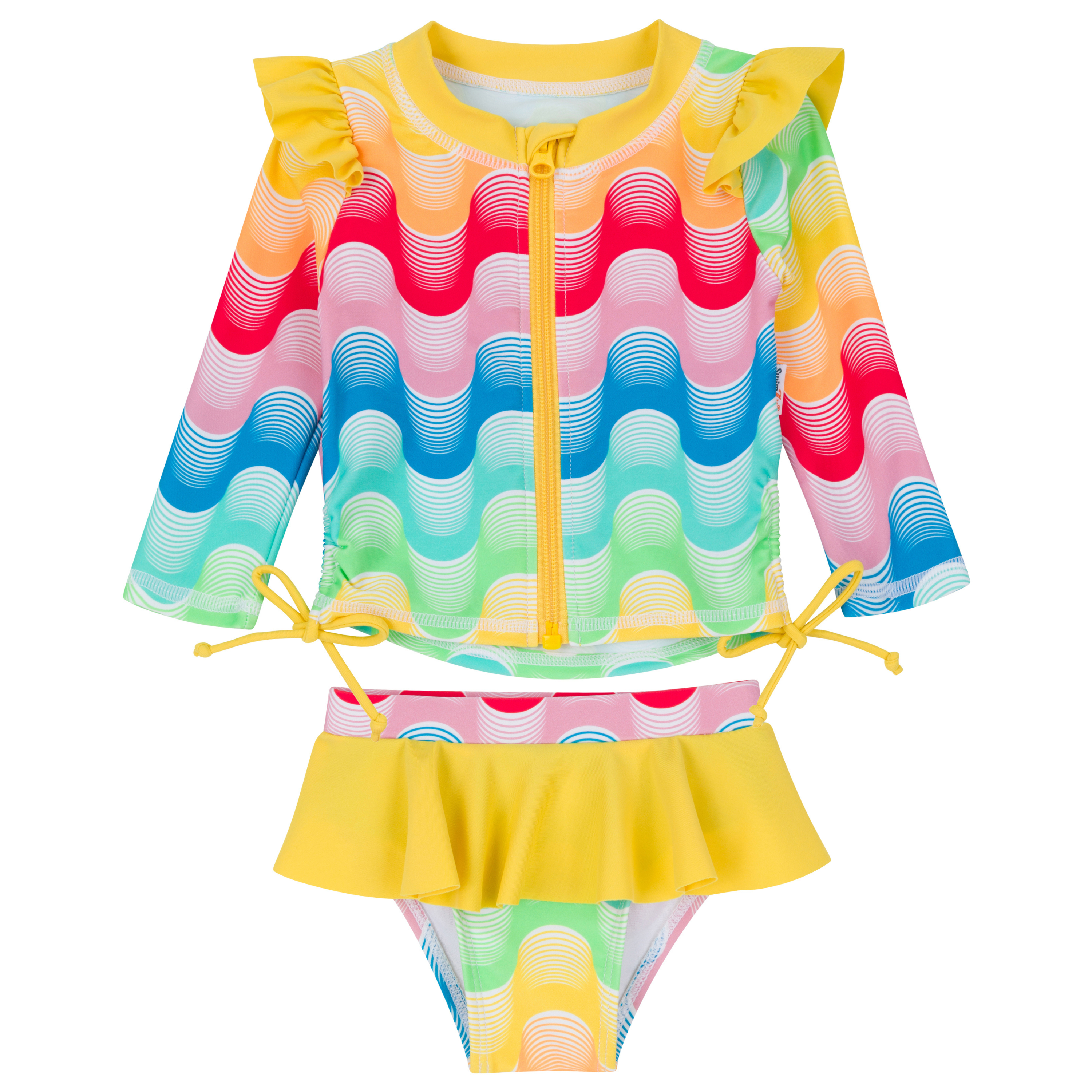 Girls Long Sleeve Rash Guard Ruffle Bottom Swimsuit Set (2 Piece) | "Surf's Up"-6-12 Month-Surf's Up-SwimZip UPF 50+ Sun Protective Swimwear & UV Zipper Rash Guards-pos1