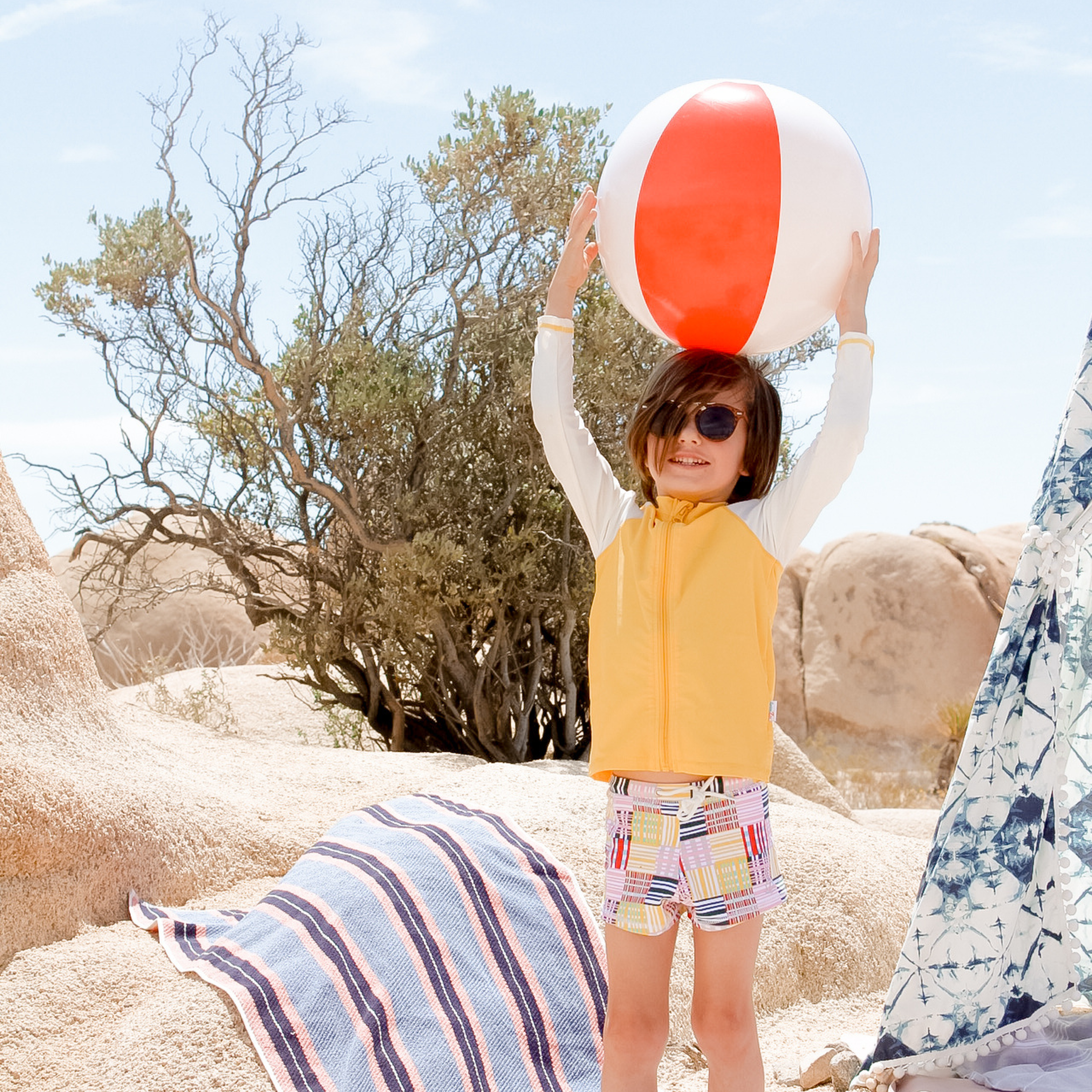 Kids Euro Shorties + Long Sleeve Rash Guard Set | "Madras Mania"-SwimZip UPF 50+ Sun Protective Swimwear & UV Zipper Rash Guards-pos2