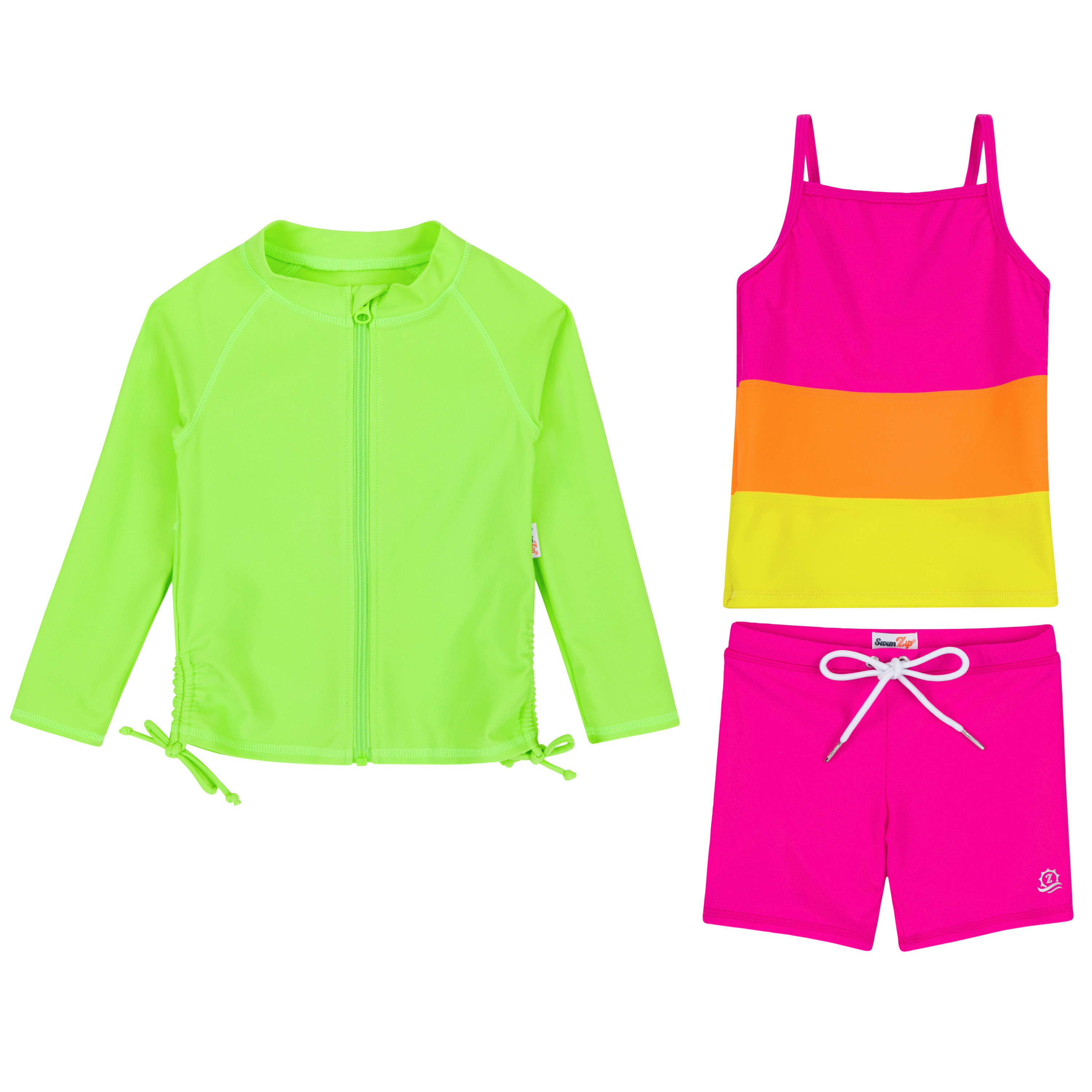Girls Long Sleeve Rash Guard + Tankini Shorts Set (3 Piece) | "Spark"-2T-Spark-SwimZip UPF 50+ Sun Protective Swimwear & UV Zipper Rash Guards-pos1