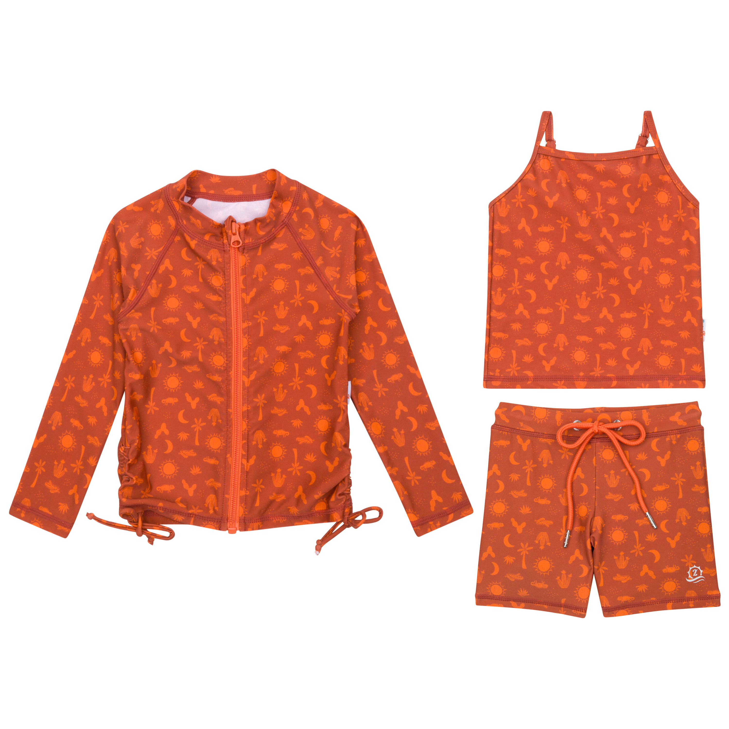 Girls Long Sleeve Rash Guard + Tankini Shorts Set (3 Piece) | "Desert"-2T-Desert-SwimZip UPF 50+ Sun Protective Swimwear & UV Zipper Rash Guards-pos1