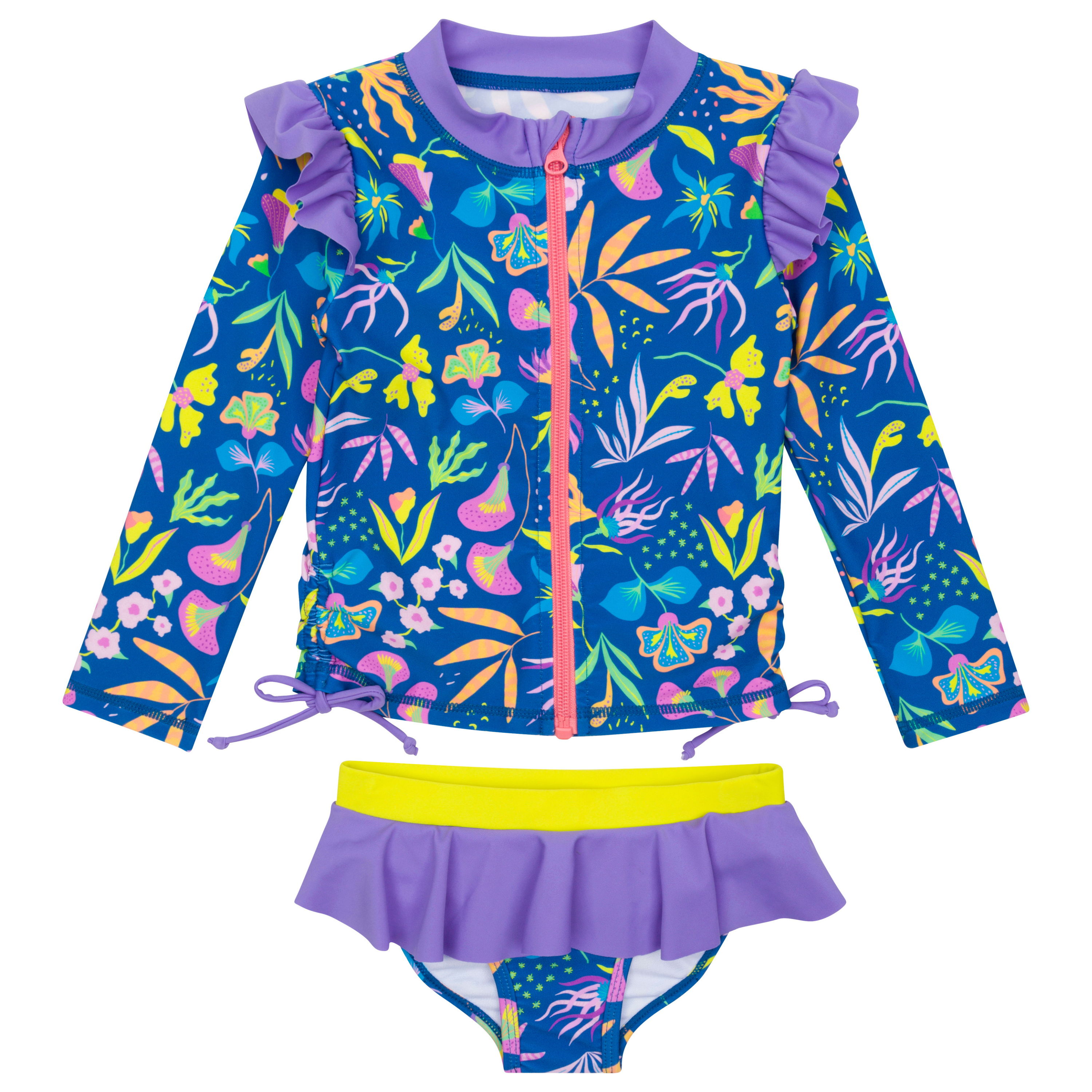 Girls Long Sleeve Rash Guard Ruffle Bottom Swimsuit Set (2 Piece) | "Tropadelic"-SwimZip UPF 50+ Sun Protective Swimwear & UV Zipper Rash Guards-pos1
