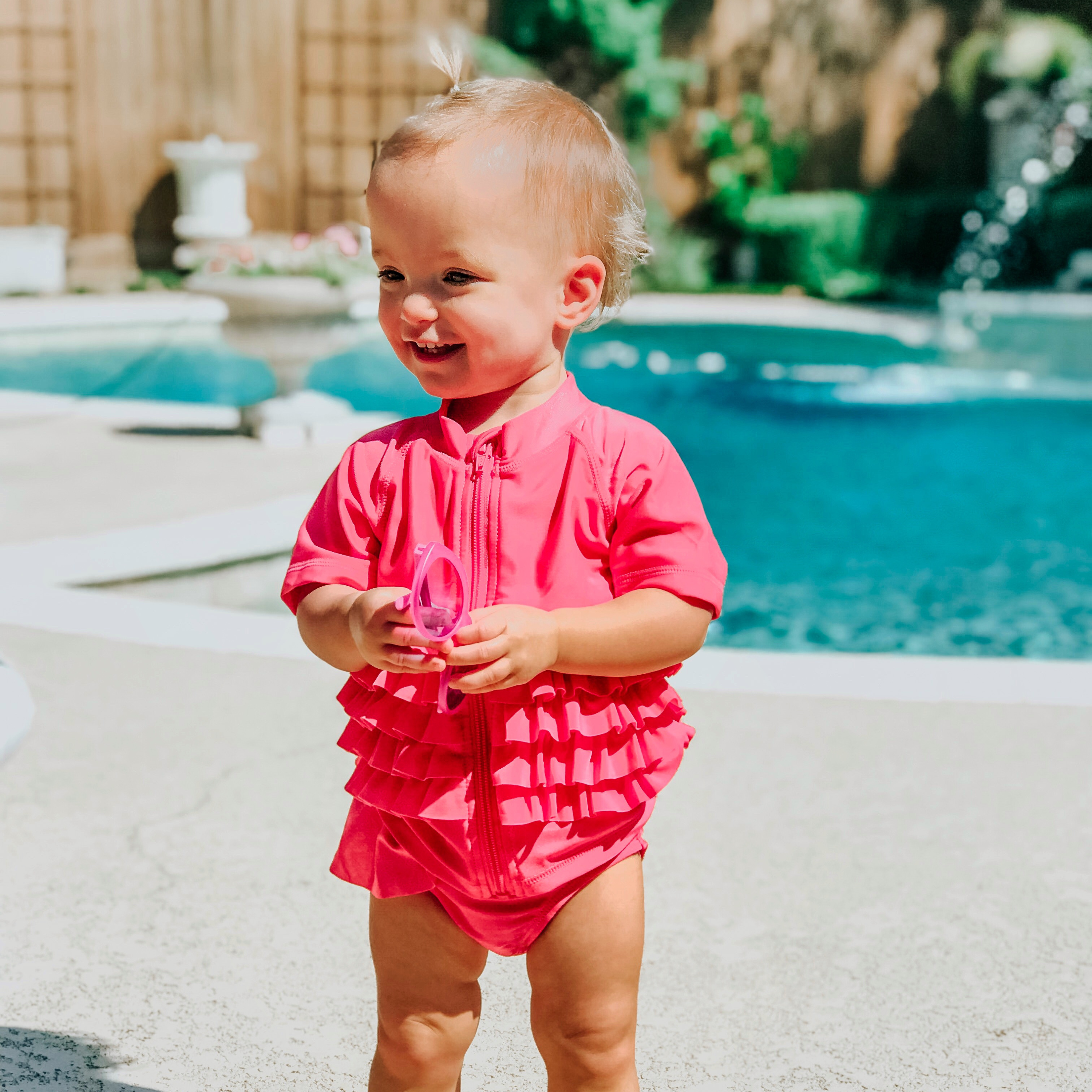 Girls Short Sleeve Rash Guard Swimsuit Set (2 Piece) - "Ruffle Me Pretty" Pink-SwimZip UPF 50+ Sun Protective Swimwear & UV Zipper Rash Guards-pos2