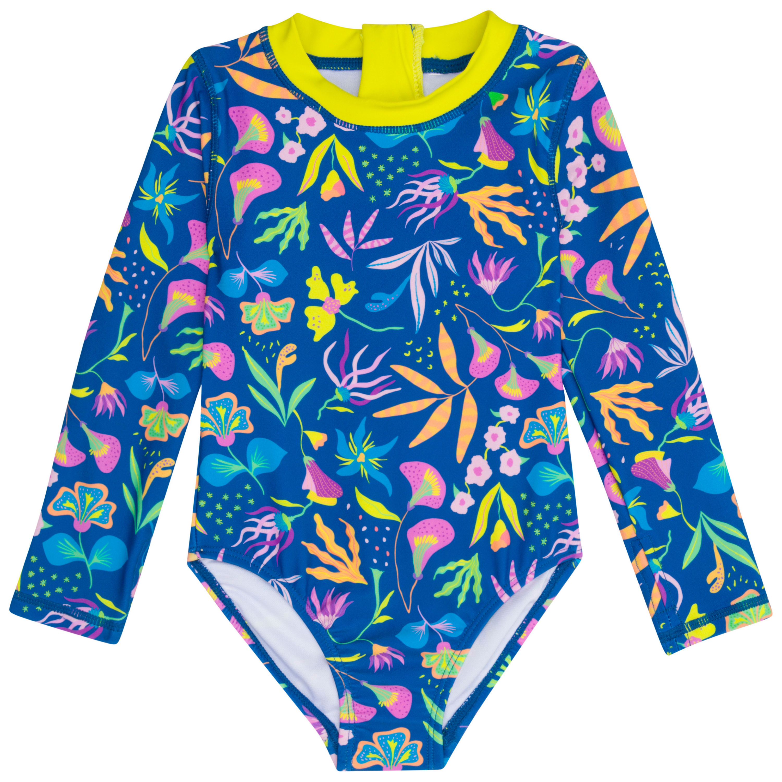 Girls Long Sleeve Surf Suit (One Piece Bodysuit) | "Tropadelic"-SwimZip UPF 50+ Sun Protective Swimwear & UV Zipper Rash Guards-pos1