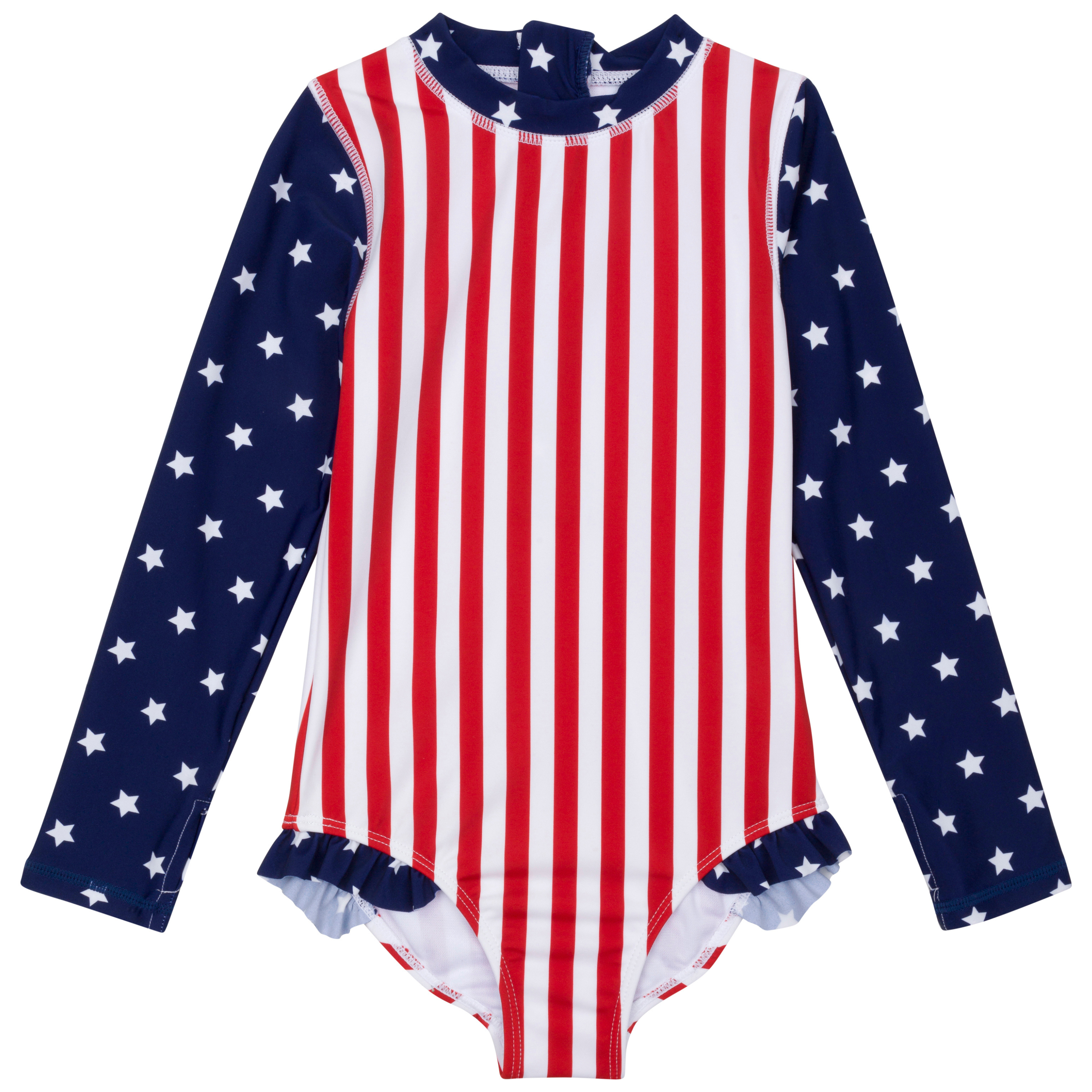 Girls Long Sleeve Surf Suit (One Piece Bodysuit) | "Americana"-0-3 Month-Americana-SwimZip UPF 50+ Sun Protective Swimwear & UV Zipper Rash Guards-pos1