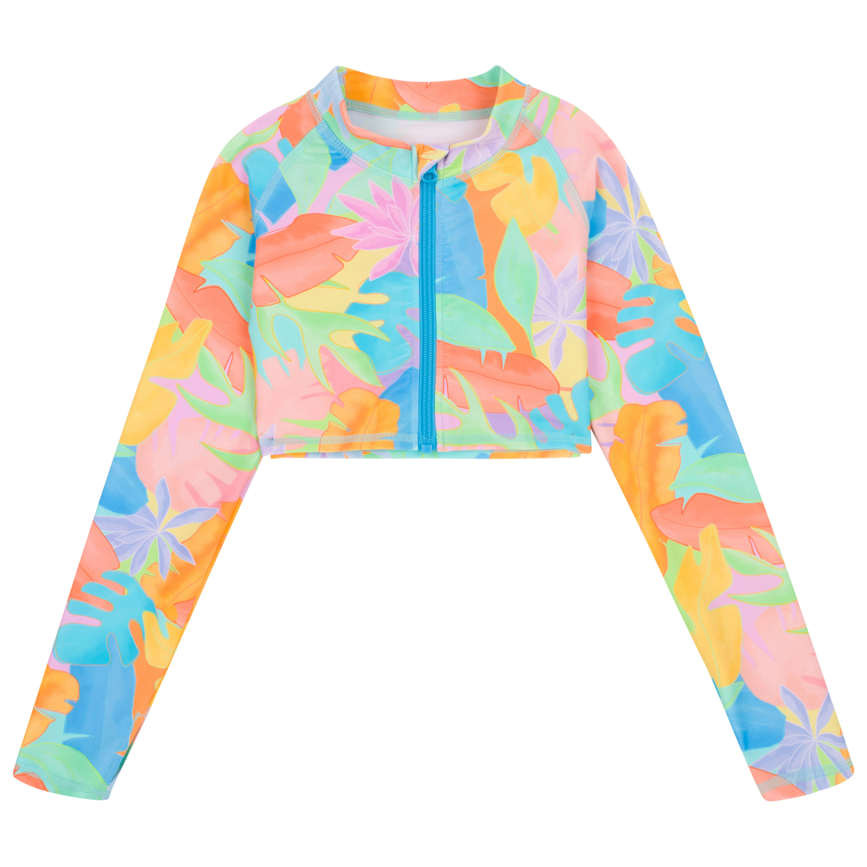 Girls Long Sleeve Crop Rash Guard | "Vibrant Vacay"-SwimZip UPF 50+ Sun Protective Swimwear & UV Zipper Rash Guards-pos1