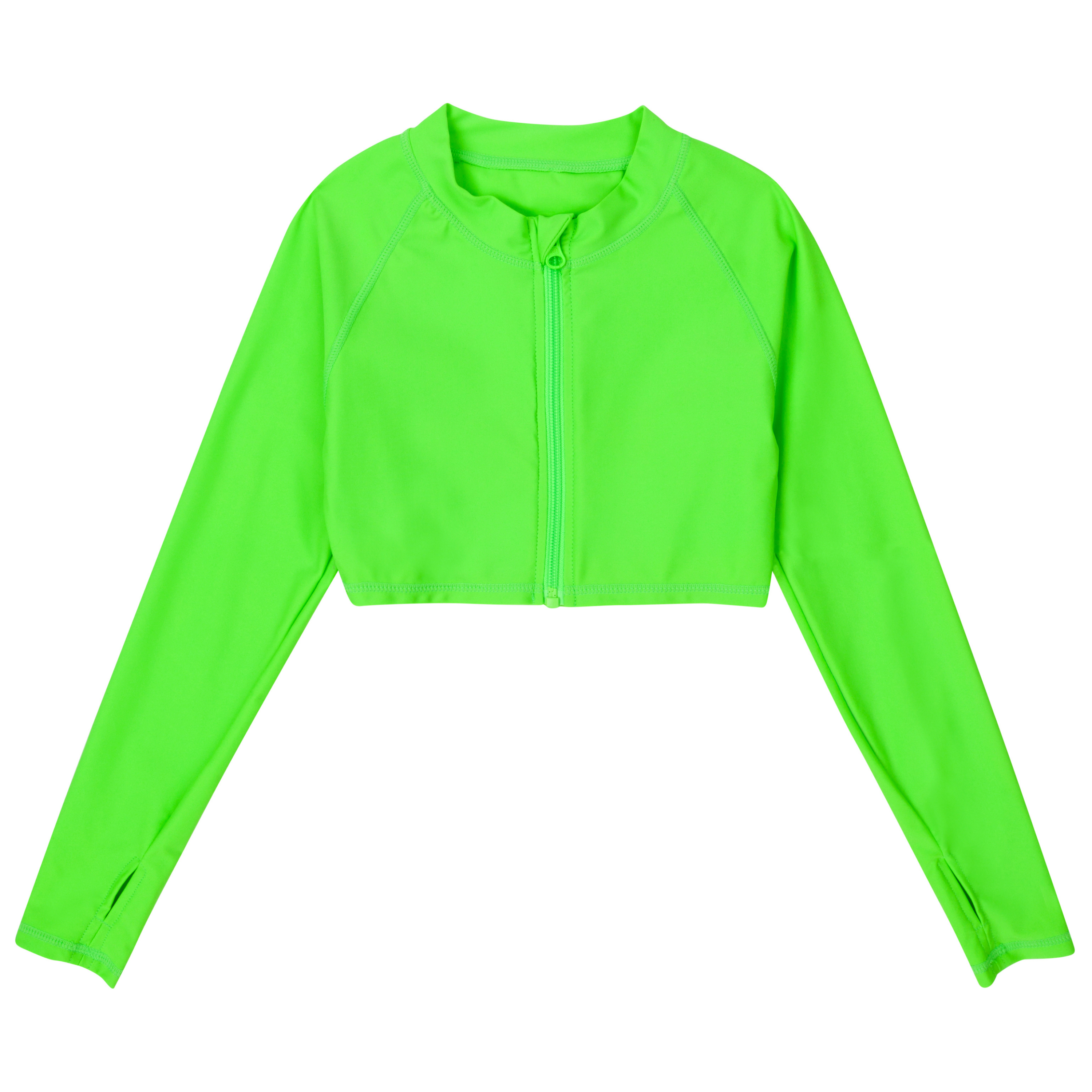 Girls Long Sleeve Crop Rash Guard | "Neon Green"-SwimZip UPF 50+ Sun Protective Swimwear & UV Zipper Rash Guards-pos1