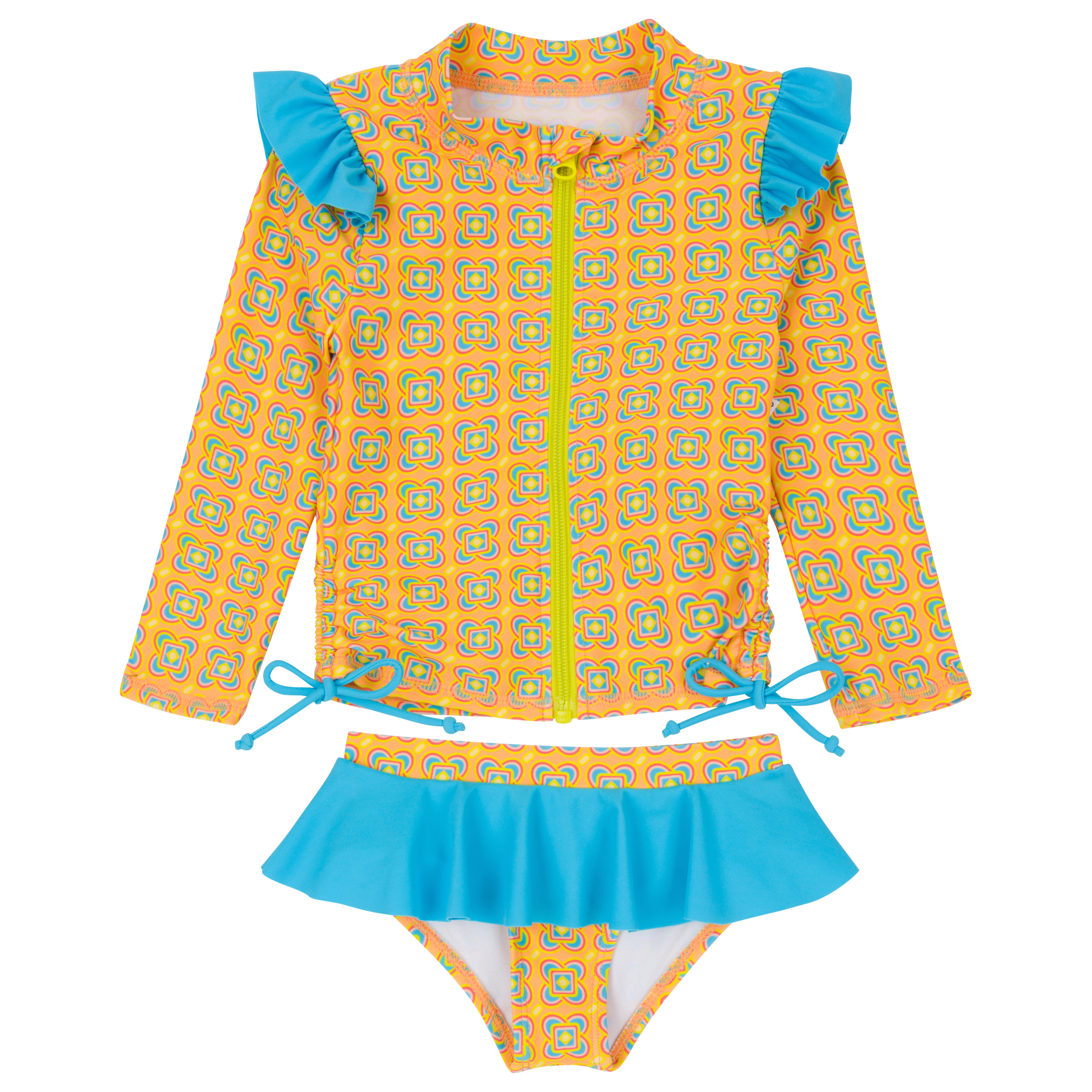 Girls Long Sleeve Rash Guard Ruffle Bottom Swimsuit Set (2 Piece) | "Kaleidoscope"-SwimZip UPF 50+ Sun Protective Swimwear & UV Zipper Rash Guards-pos1