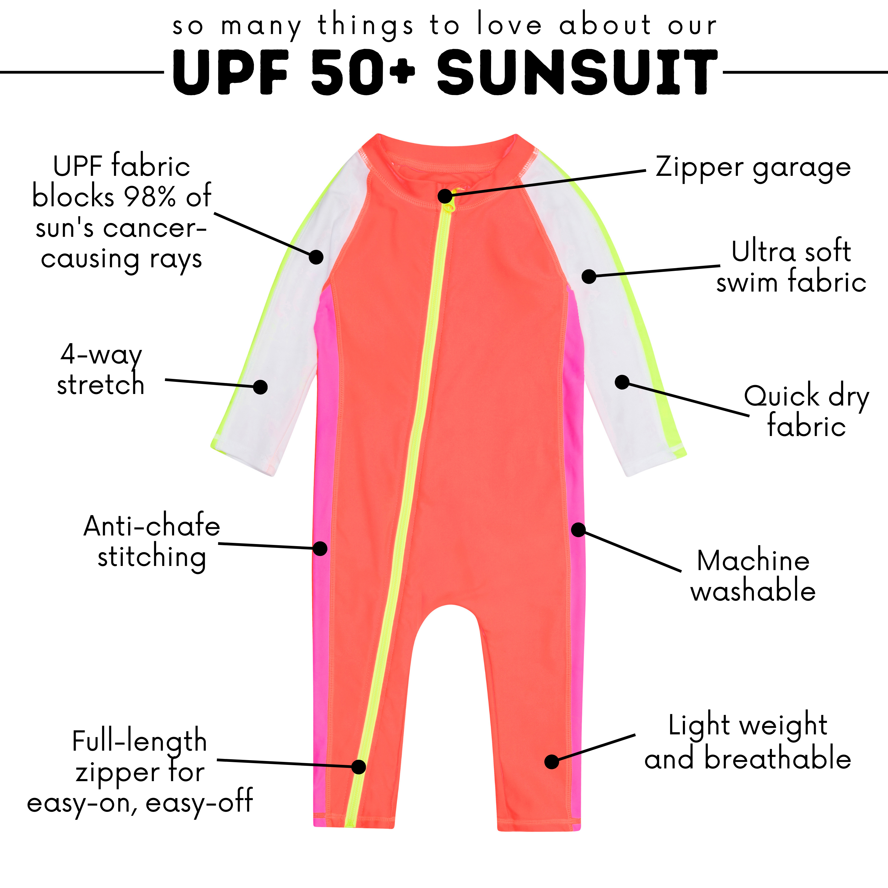 Sunsuit - Long Sleeve Romper Swimsuit | "Neon Orange/White"-SwimZip UPF 50+ Sun Protective Swimwear & UV Zipper Rash Guards-pos5
