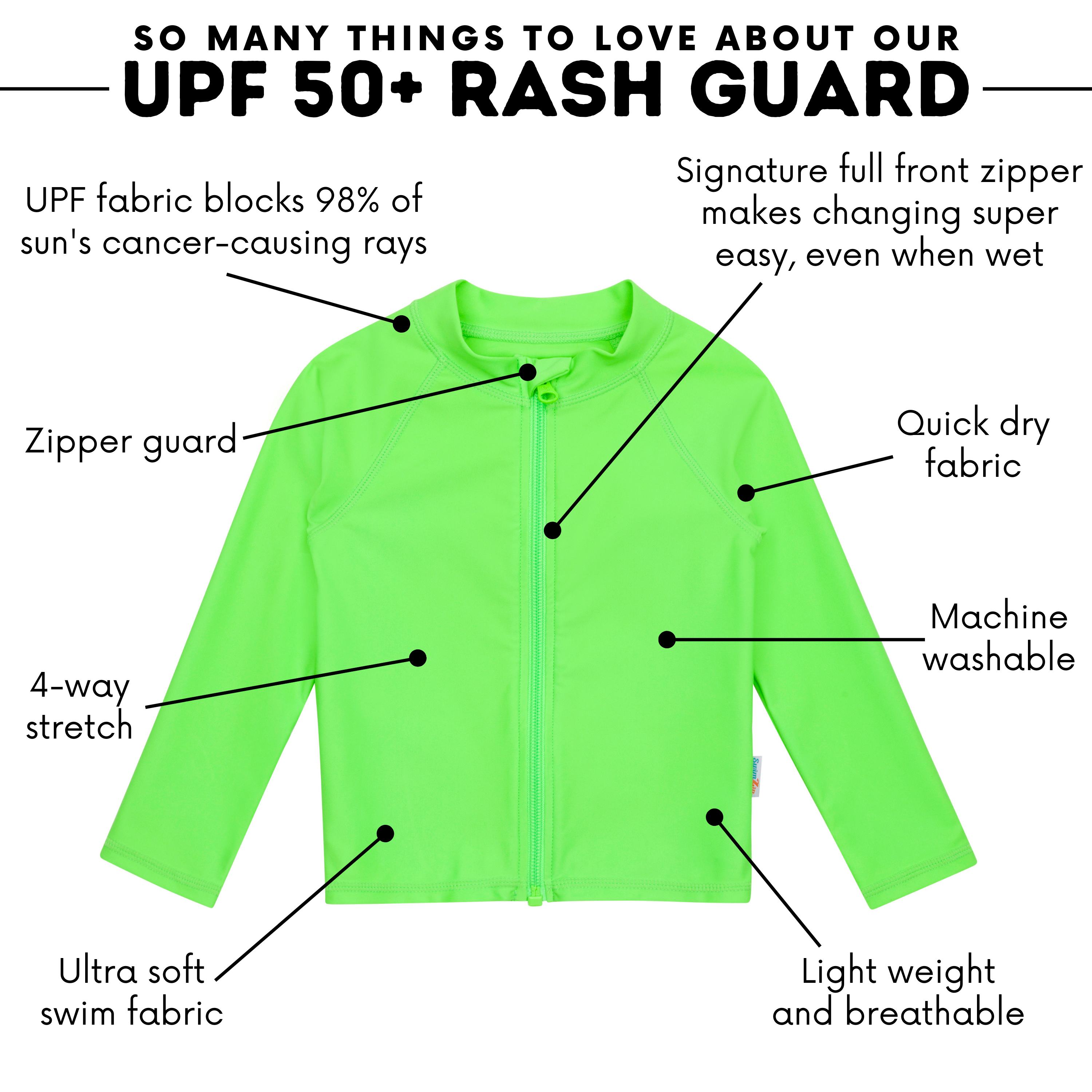 Kids UPF 50+ Long Sleeve Zipper Rash Guard Swim Shirt | "Neon Green"-SwimZip UPF 50+ Sun Protective Swimwear & UV Zipper Rash Guards-pos4