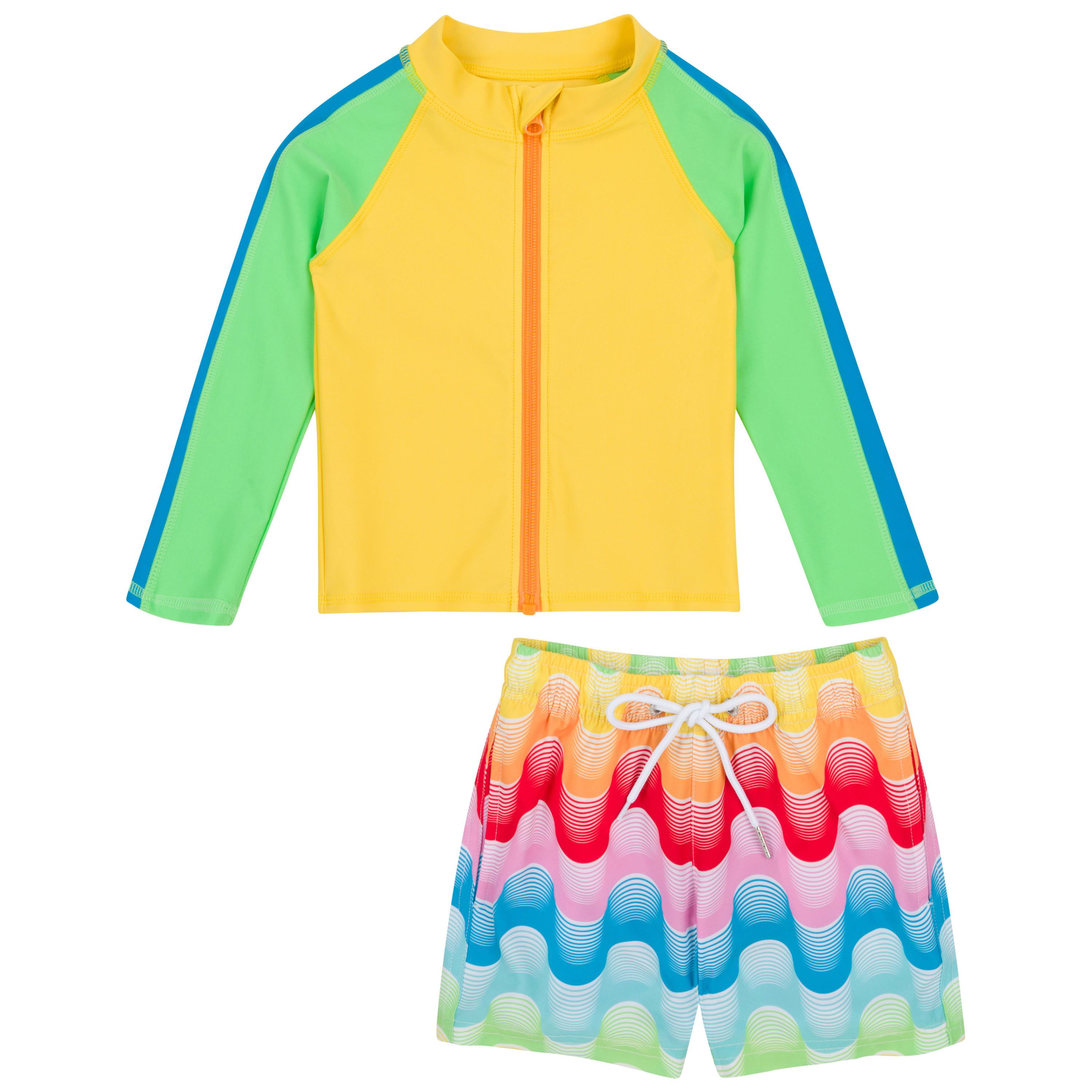 Boys Long Sleeve Zipper Rash Guard and Swim Trunk Set | "Surf's Up"-0-3 Month-Surf's Up-SwimZip UPF 50+ Sun Protective Swimwear & UV Zipper Rash Guards-pos1