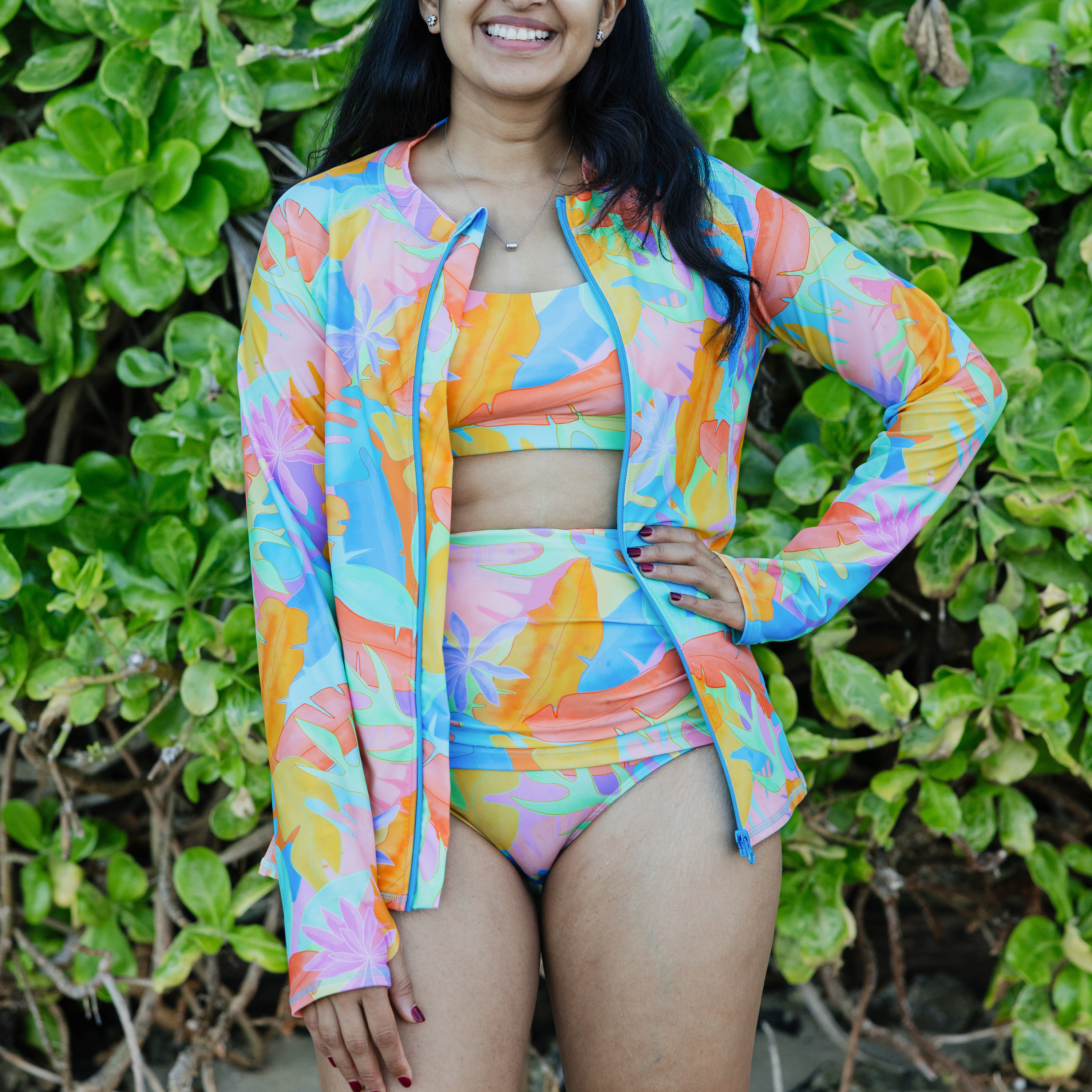 Women's Long Sleeve Rash Guard with Pockets | "Vibrant Vacay"-SwimZip UPF 50+ Sun Protective Swimwear & UV Zipper Rash Guards-pos6