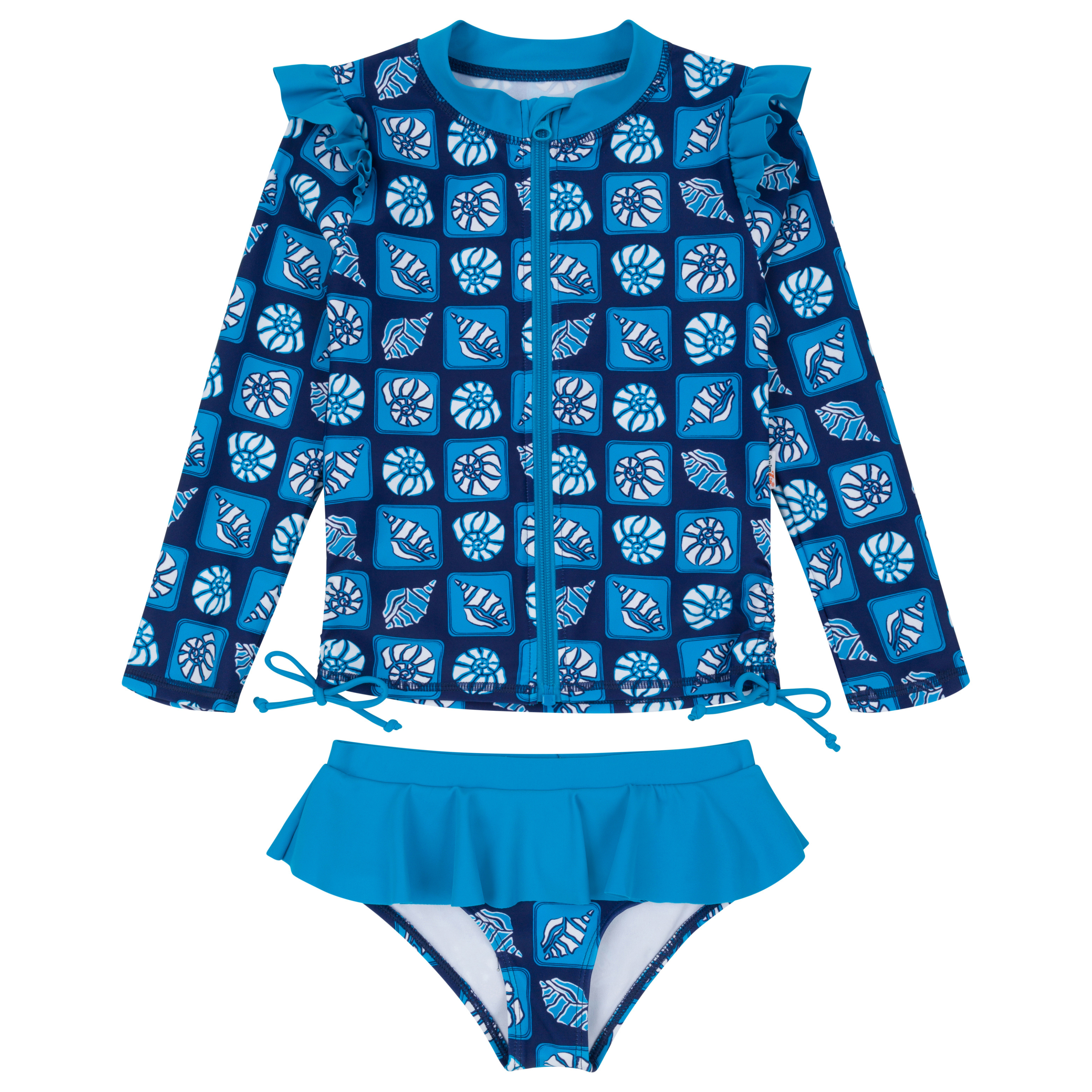 Girls Long Sleeve Rash Guard Ruffle Bottom Swimsuit Set (2 Piece) | "Coastal"-6-12 Month-Coastal-SwimZip UPF 50+ Sun Protective Swimwear & UV Zipper Rash Guards-pos1
