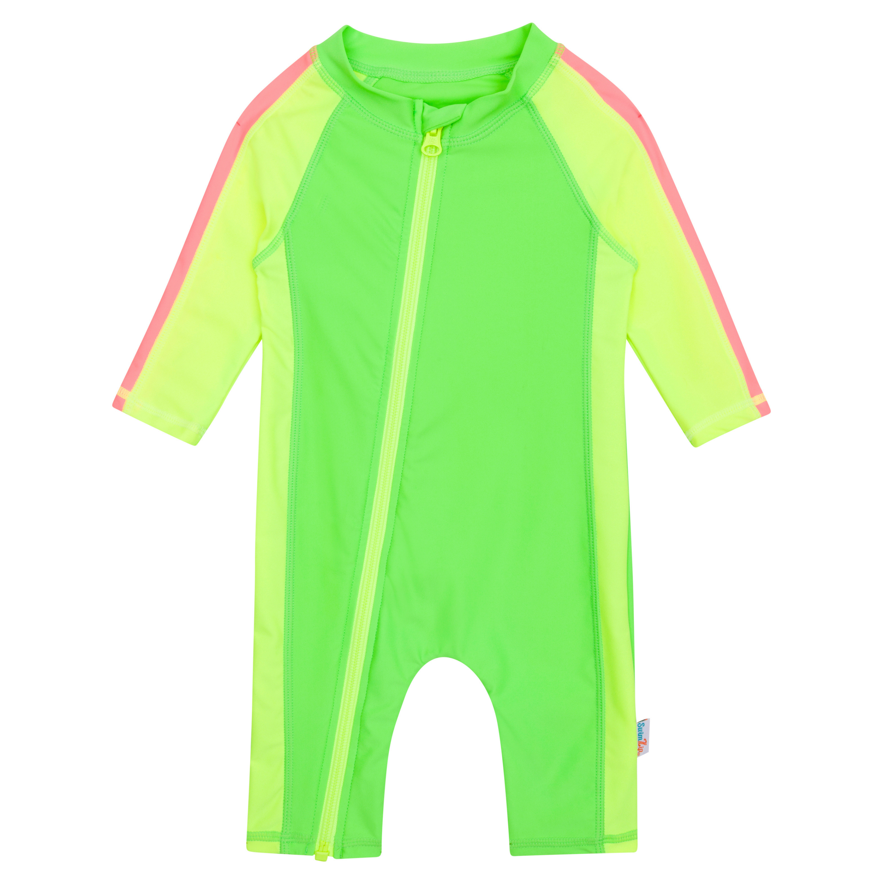 Sunsuit - Long Sleeve Romper Swimsuit | "Neon Green/Yellow"-0-6 Month-Neon Green/Yellow-SwimZip UPF 50+ Sun Protective Swimwear & UV Zipper Rash Guards-pos1