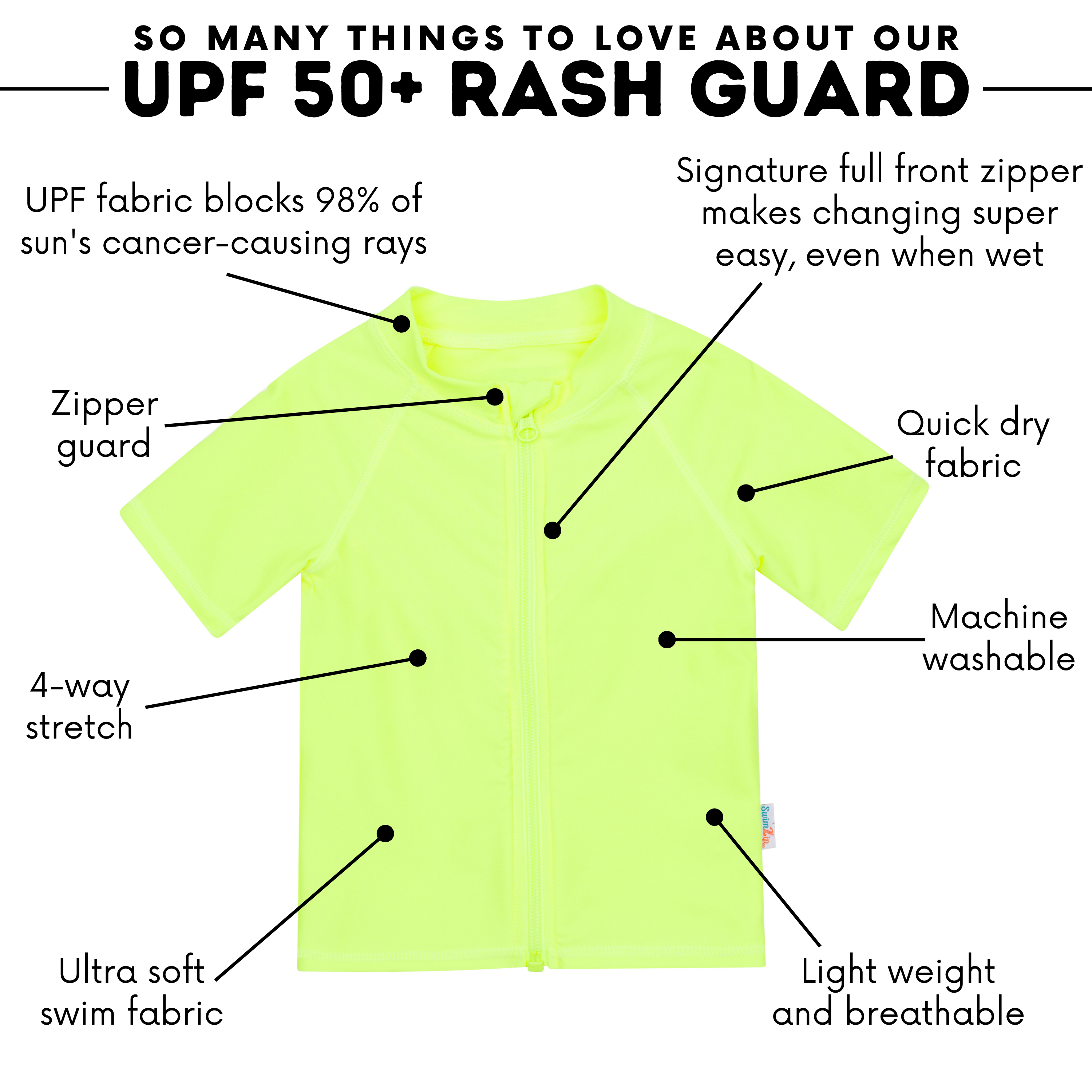 Kids Short Sleeve Zipper Rash Guard Swim Shirt | “Neon Yellow”-SwimZip UPF 50+ Sun Protective Swimwear & UV Zipper Rash Guards-pos4