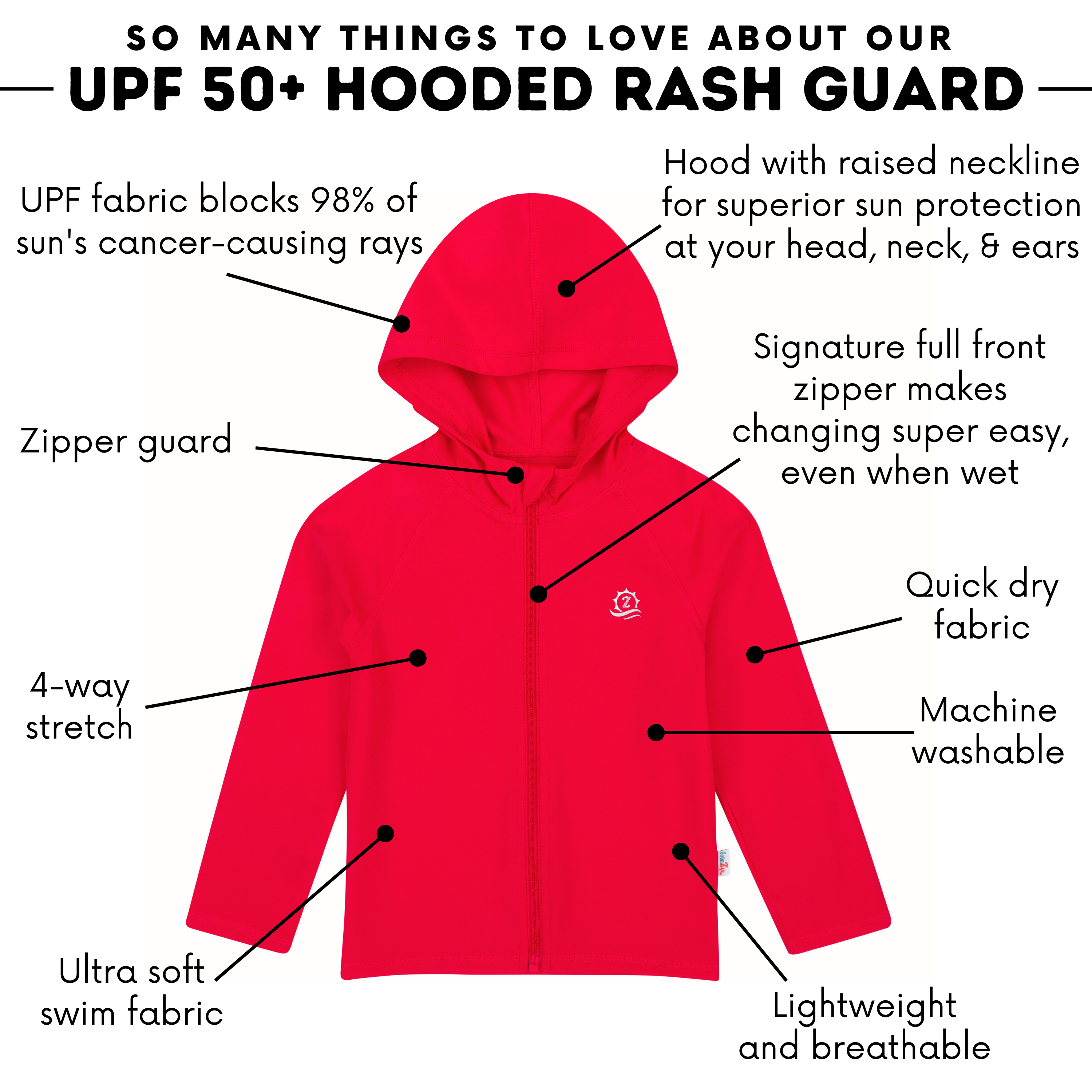 Kids Hooded Long Sleeve Zipper Rash Guard Swim Shirt | "Red"-SwimZip UPF 50+ Sun Protective Swimwear & UV Zipper Rash Guards-pos4