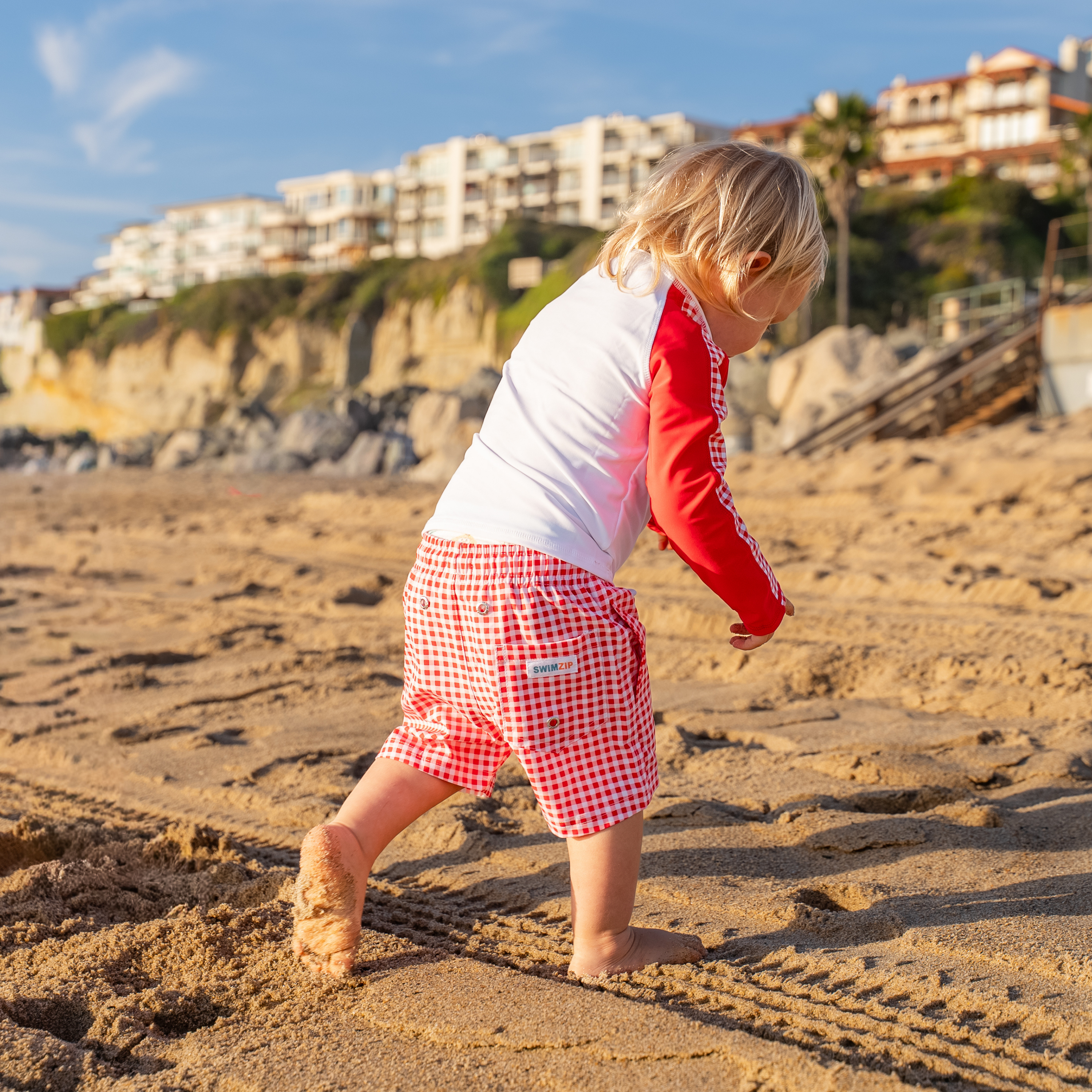Boys Long Sleeve Zipper Rash Guard and Swim Trunk Set | "Red Gingham"-SwimZip UPF 50+ Sun Protective Swimwear & UV Zipper Rash Guards-pos8