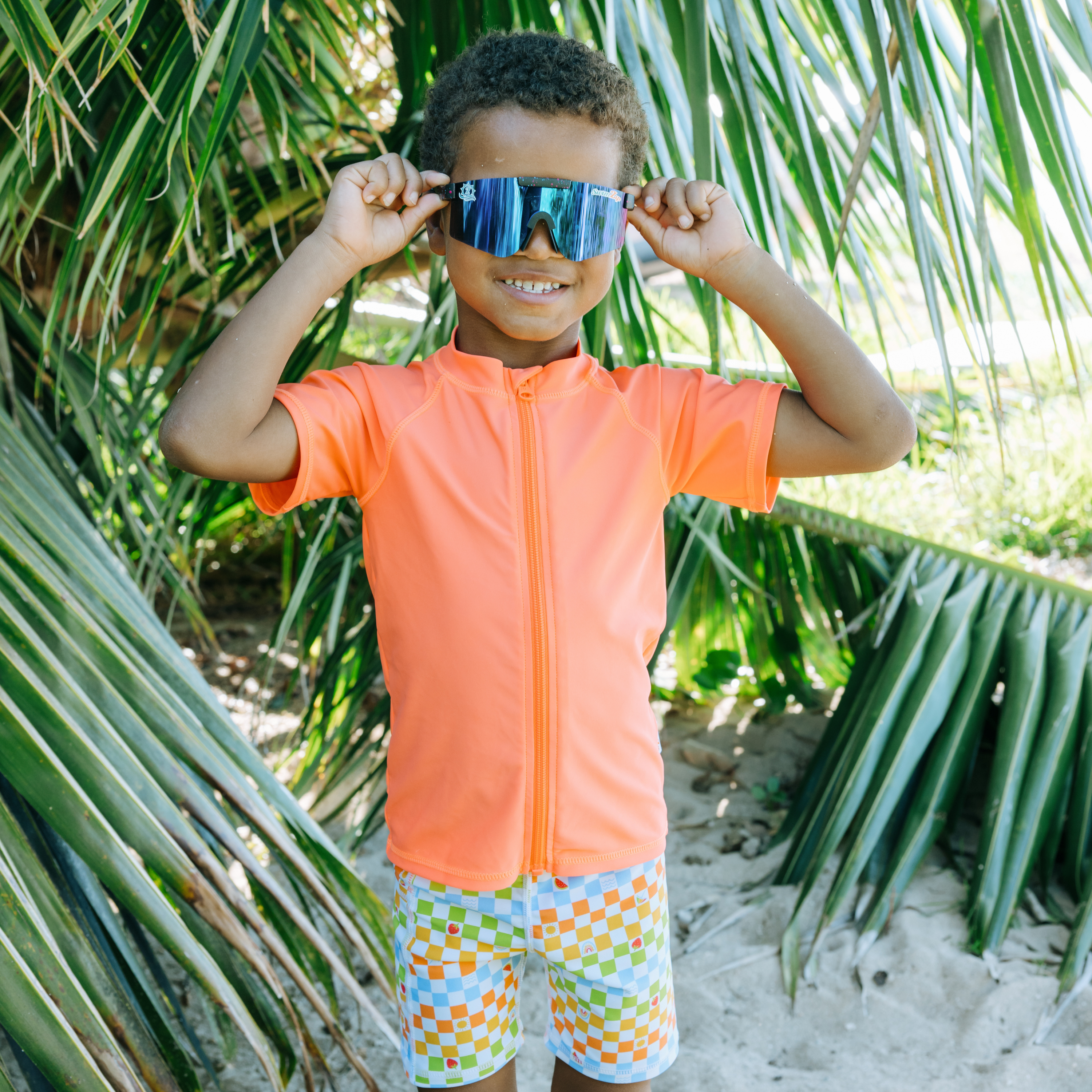 Kids Short Sleeve Zipper Rash Guard Swim Shirt | “Neon Orange”-SwimZip UPF 50+ Sun Protective Swimwear & UV Zipper Rash Guards-pos13