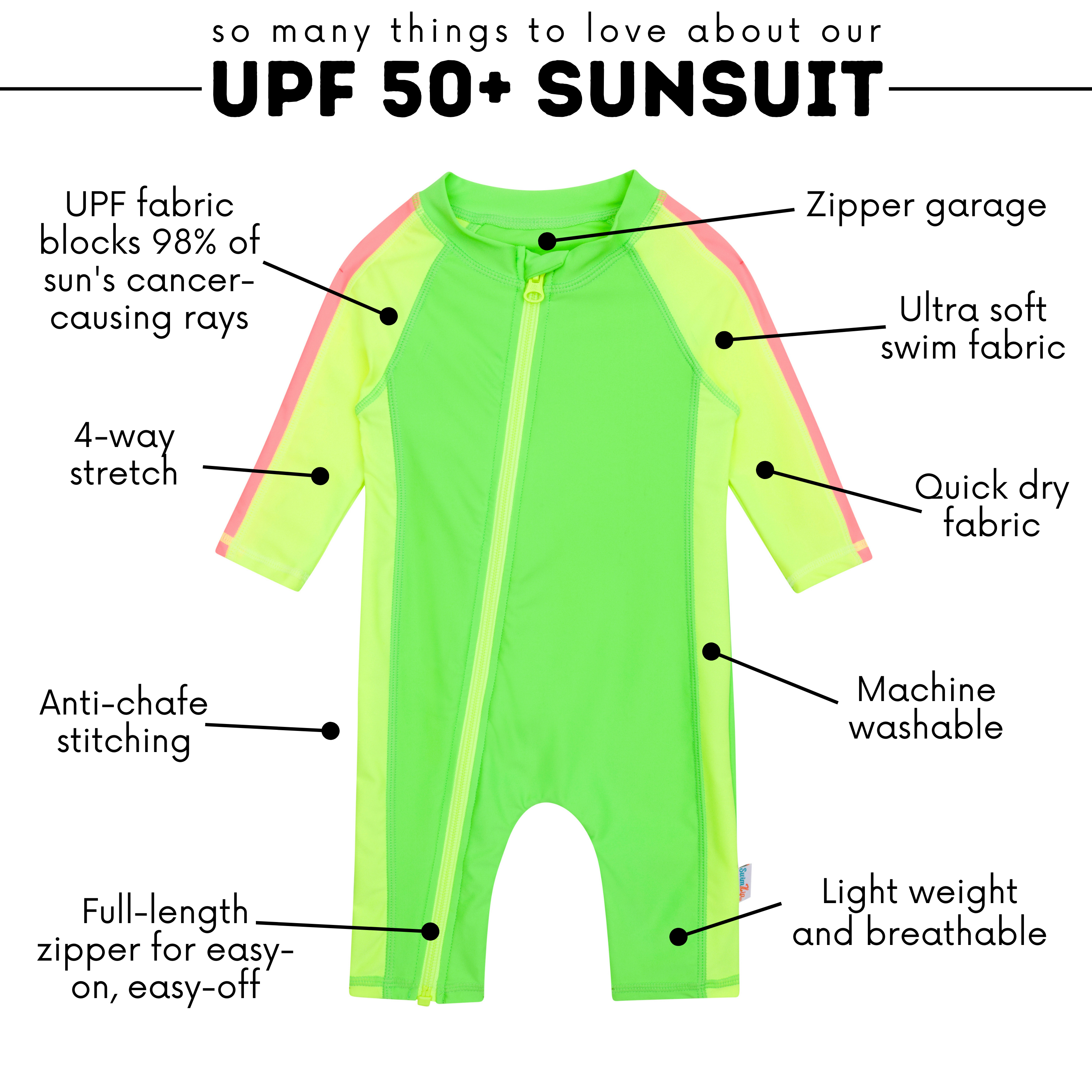 Sunsuit - Long Sleeve Romper Swimsuit | "Neon Green/Yellow"-SwimZip UPF 50+ Sun Protective Swimwear & UV Zipper Rash Guards-pos5