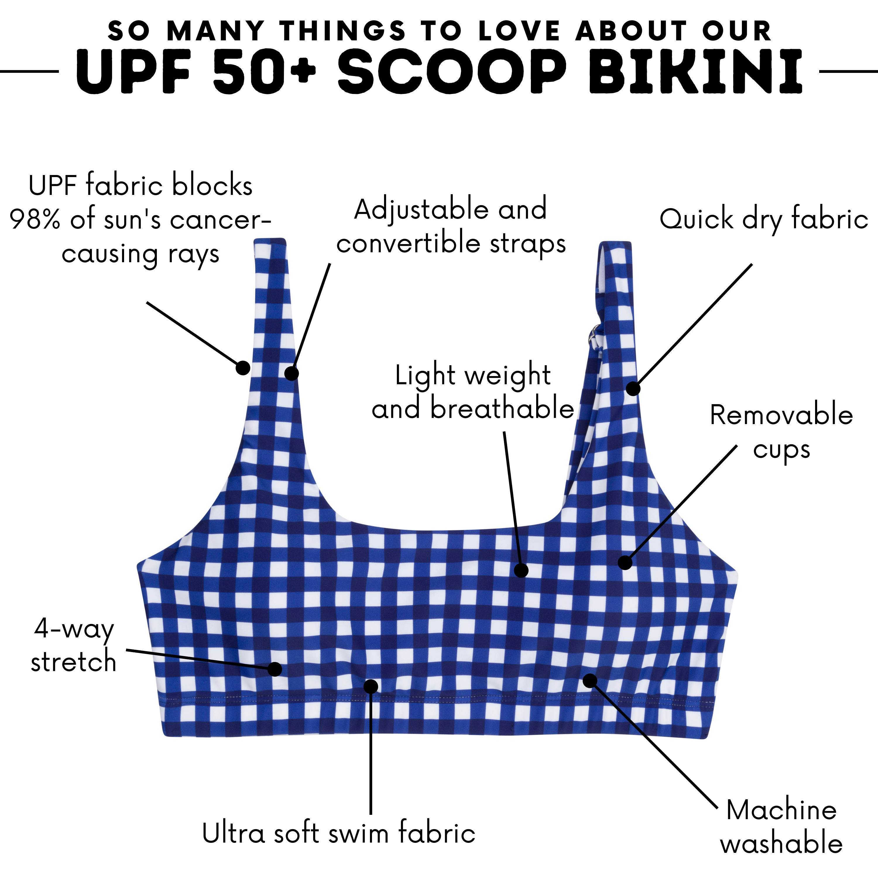 Women's Scoop Neck Bikini Top | "Navy Gingham"-SwimZip UPF 50+ Sun Protective Swimwear & UV Zipper Rash Guards-pos4