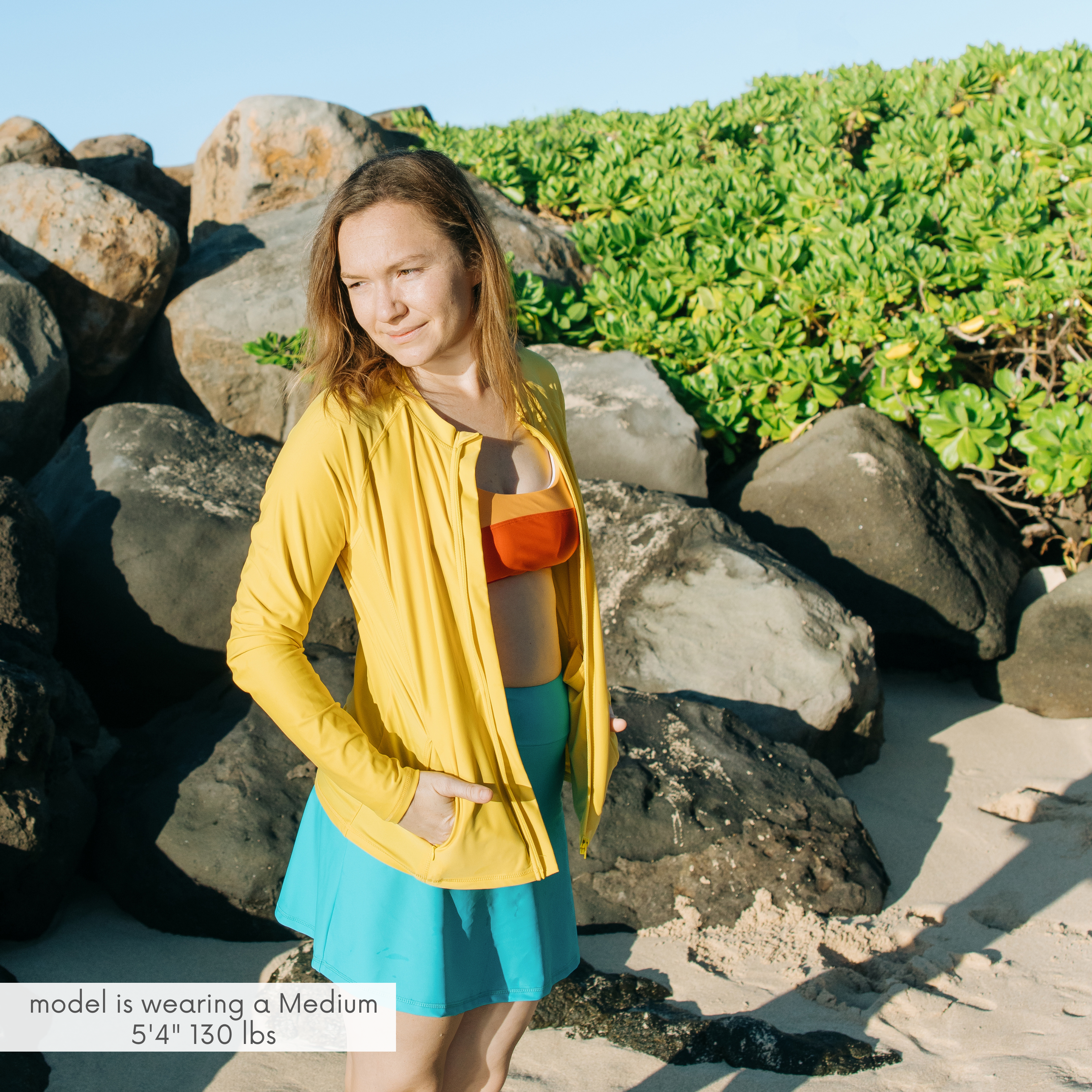 Women's Long Sleeve Rash Guard with Pockets | "Yellow"-SwimZip UPF 50+ Sun Protective Swimwear & UV Zipper Rash Guards-pos2