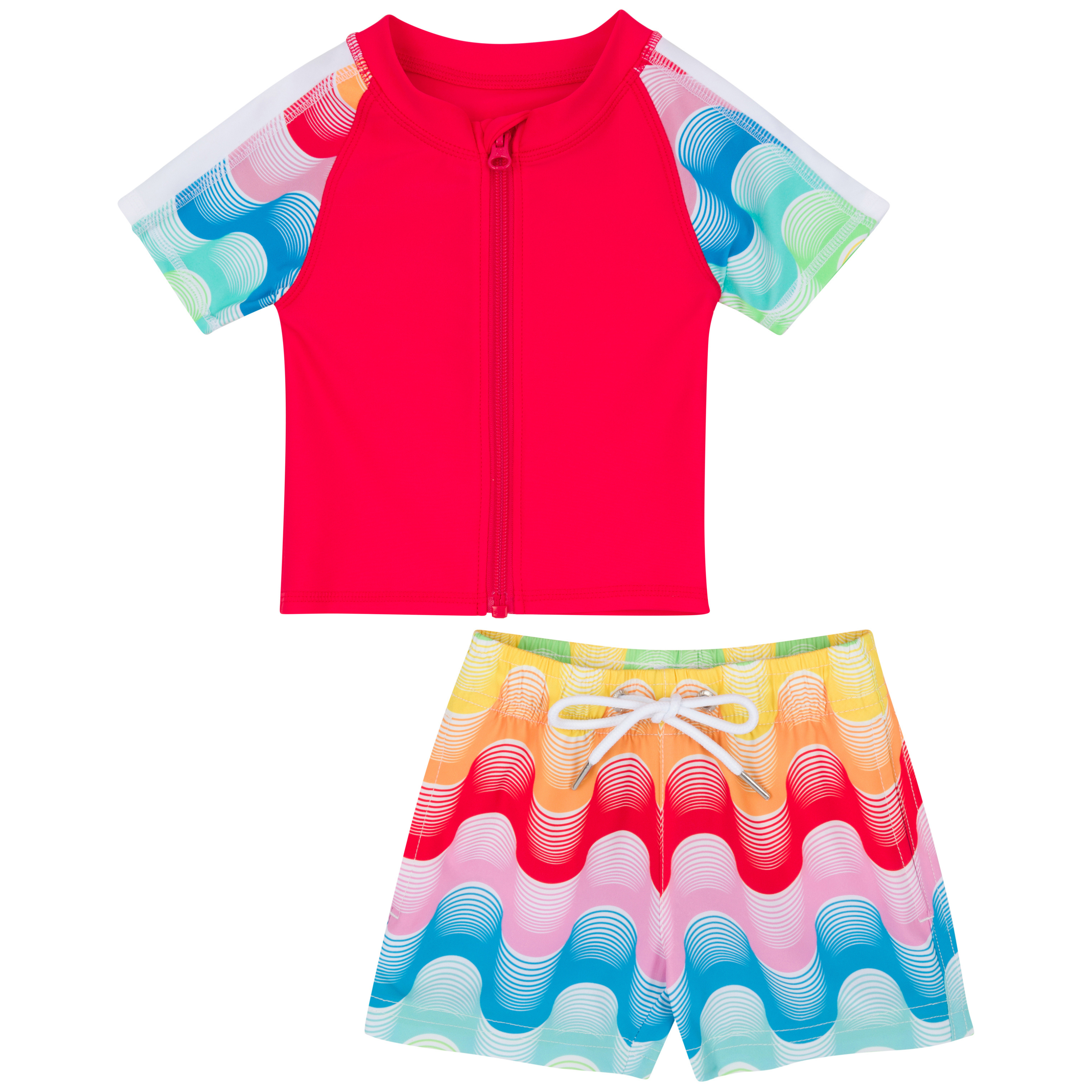 Boys Short Sleeve Zipper Rash Guard and Swim Trunk Set | "Surf's Up"-6-12 Month-Surf's Up-SwimZip UPF 50+ Sun Protective Swimwear & UV Zipper Rash Guards-pos1