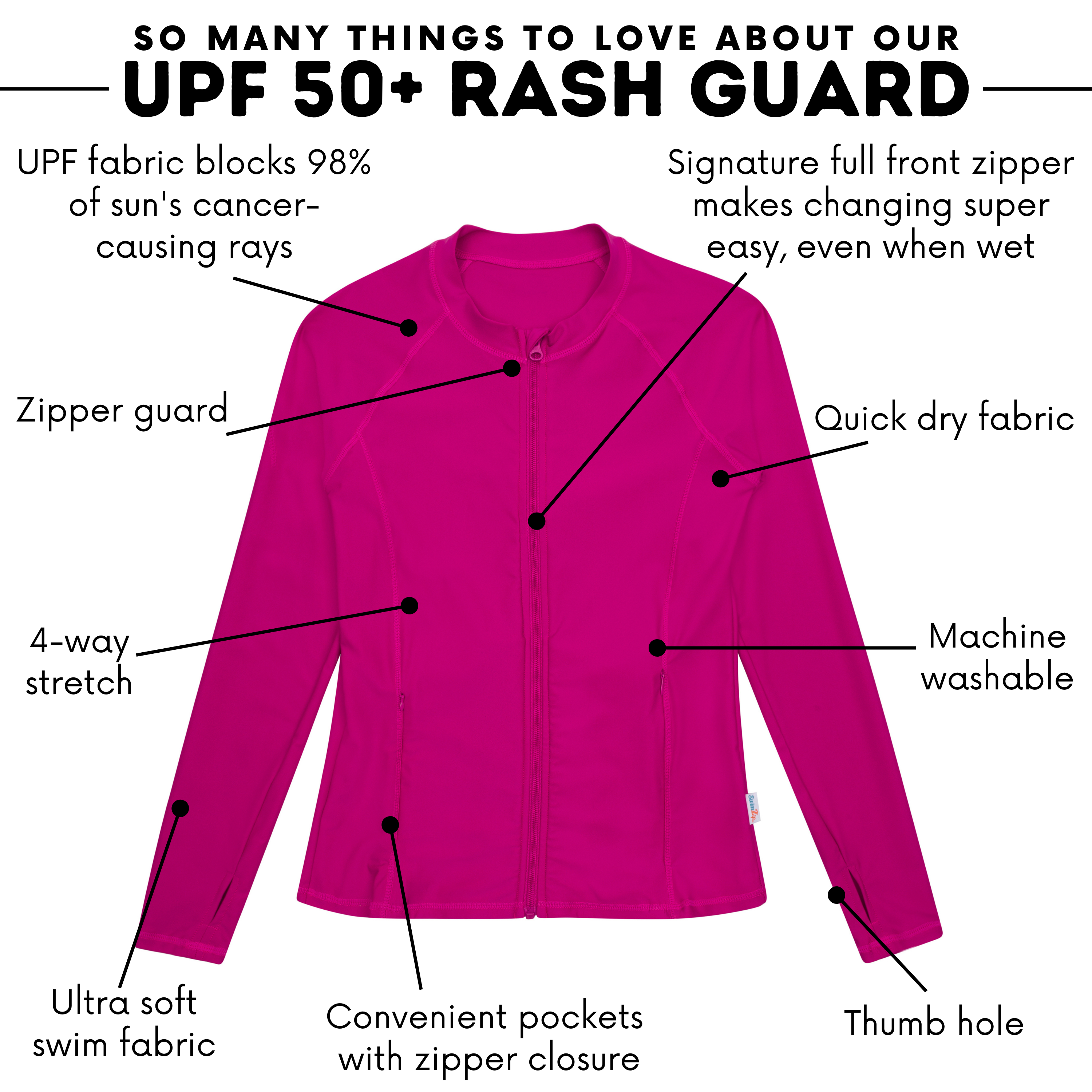Women's Long Sleeve Rash Guard with Pockets | "Fuchsia"-SwimZip UPF 50+ Sun Protective Swimwear & UV Zipper Rash Guards-pos4