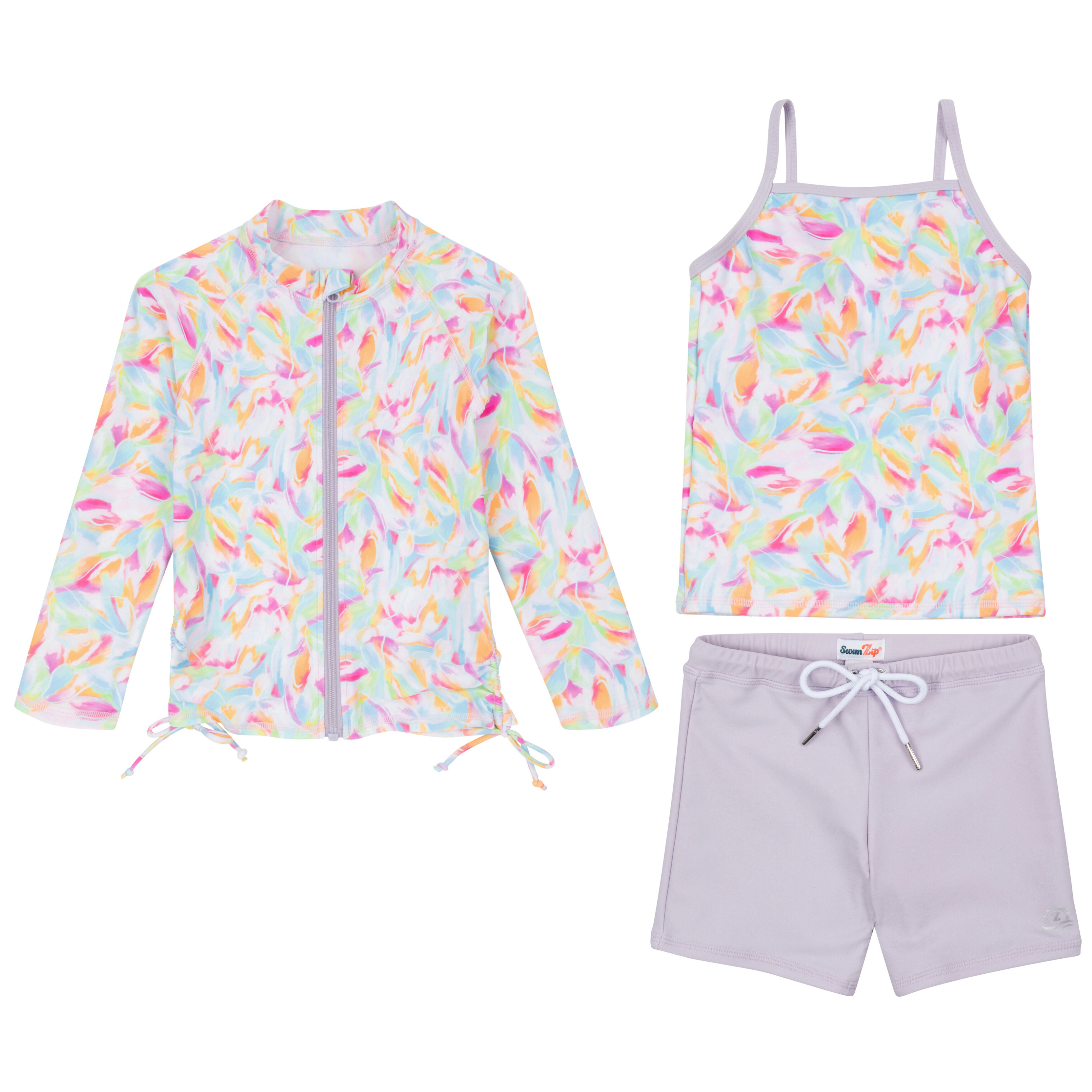 Girls Long Sleeve Rash Guard + Tankini Shorts Set (3 Piece) | "Petals"-2T-Petals-SwimZip UPF 50+ Sun Protective Swimwear & UV Zipper Rash Guards-pos1