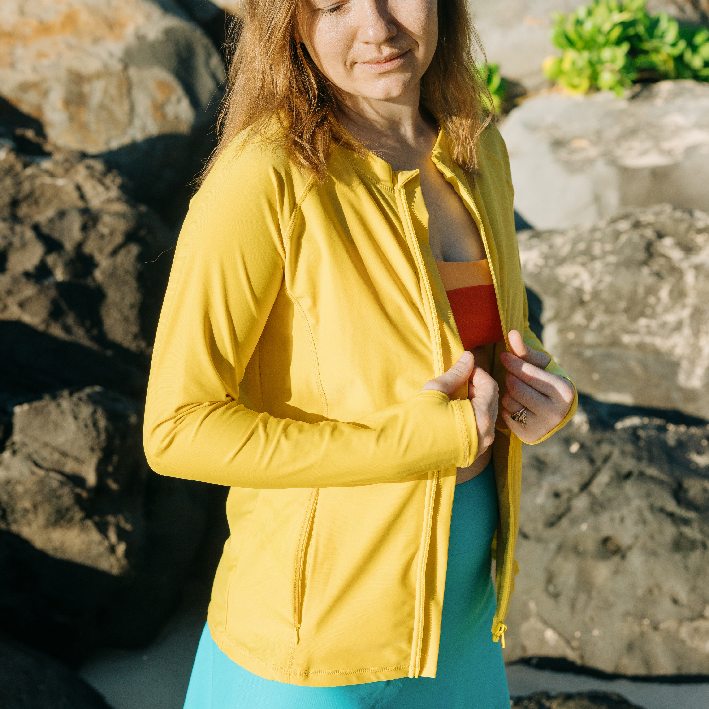 Women's Long Sleeve Rash Guard with Pockets | "Yellow"-SwimZip UPF 50+ Sun Protective Swimwear & UV Zipper Rash Guards-pos6