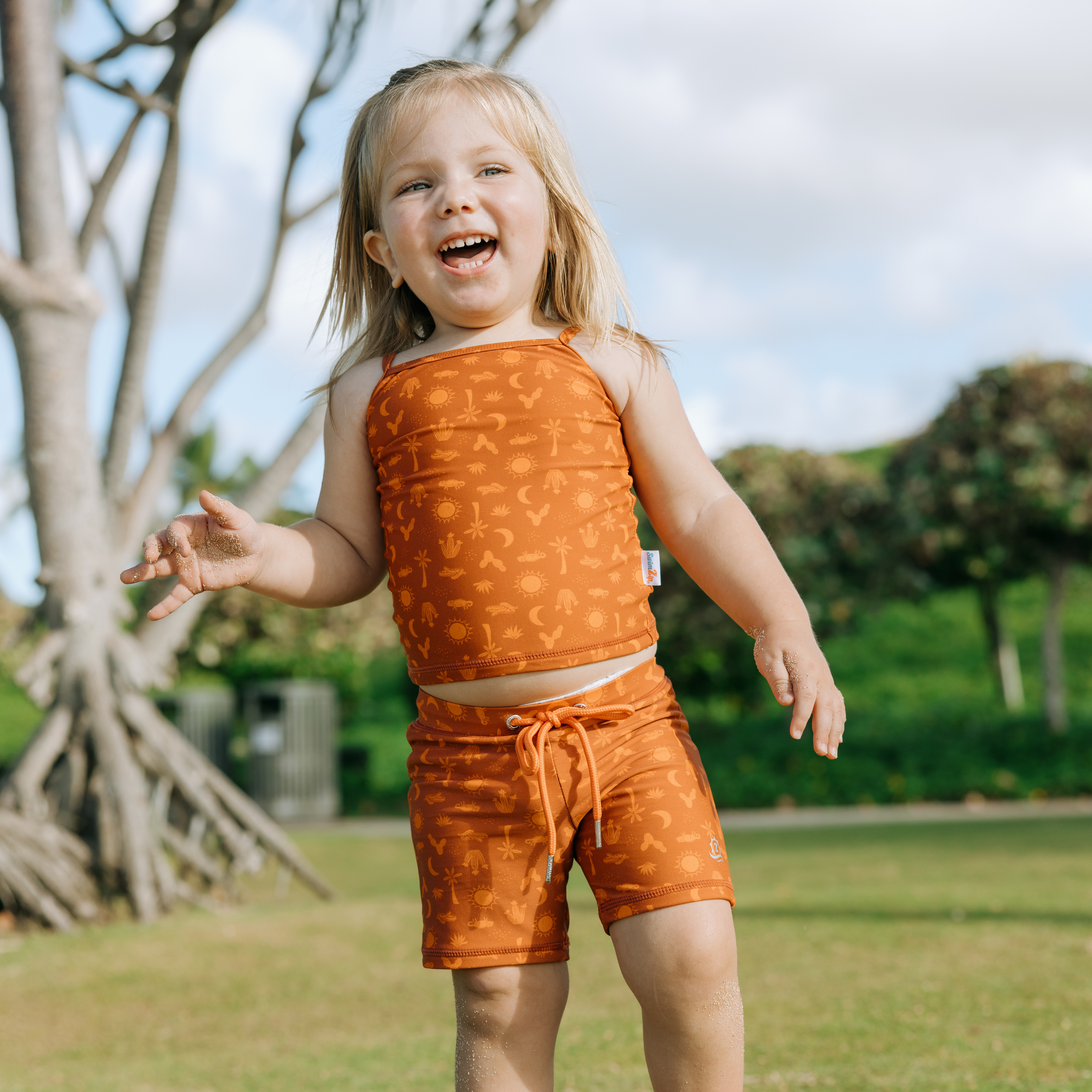 Girls Long Sleeve Rash Guard + Tankini Shorts Set (3 Piece) | "Desert"-SwimZip UPF 50+ Sun Protective Swimwear & UV Zipper Rash Guards-pos2