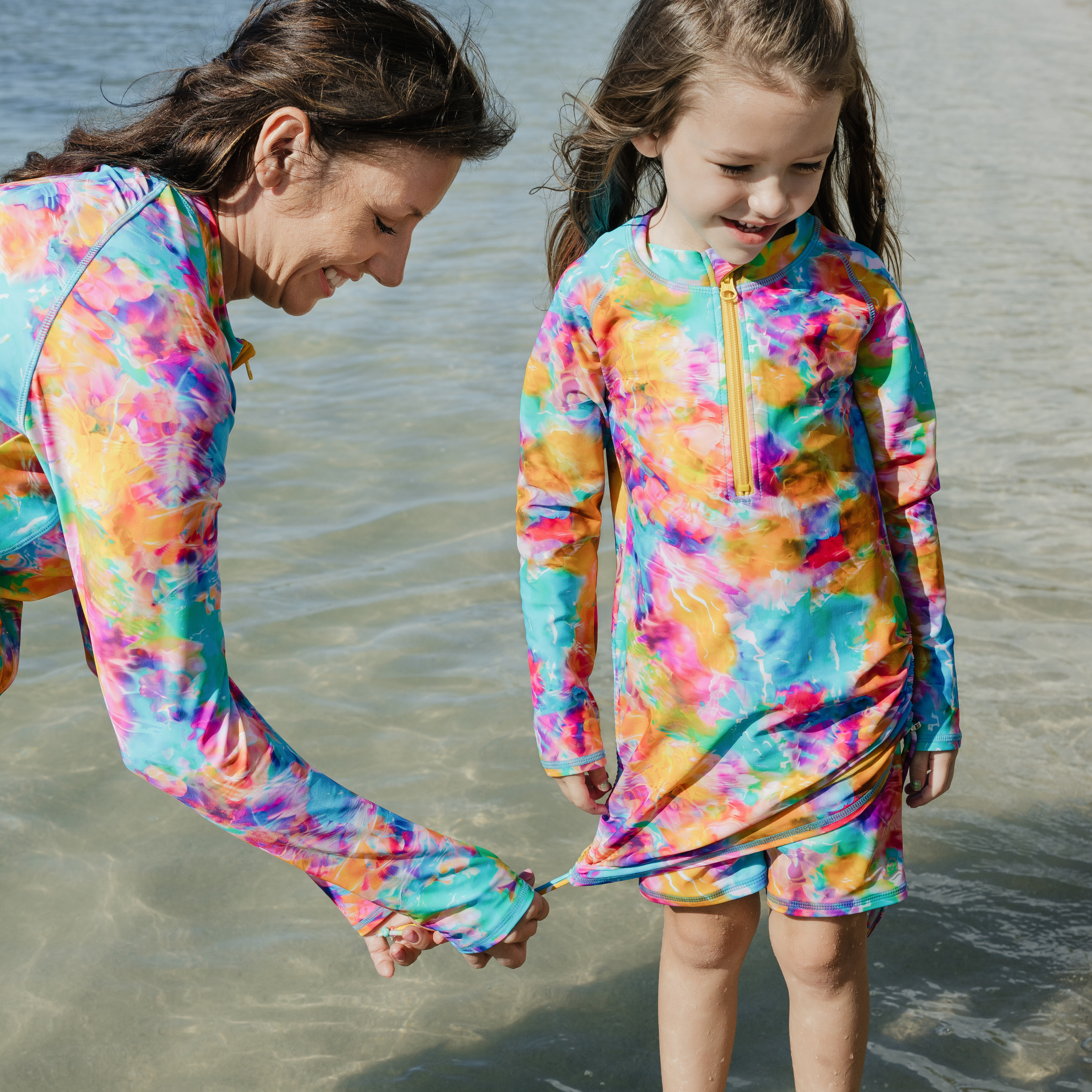 Girls Long Sleeve Swim Dress Cover Up | "Impressions"-SwimZip UPF 50+ Sun Protective Swimwear & UV Zipper Rash Guards-pos2