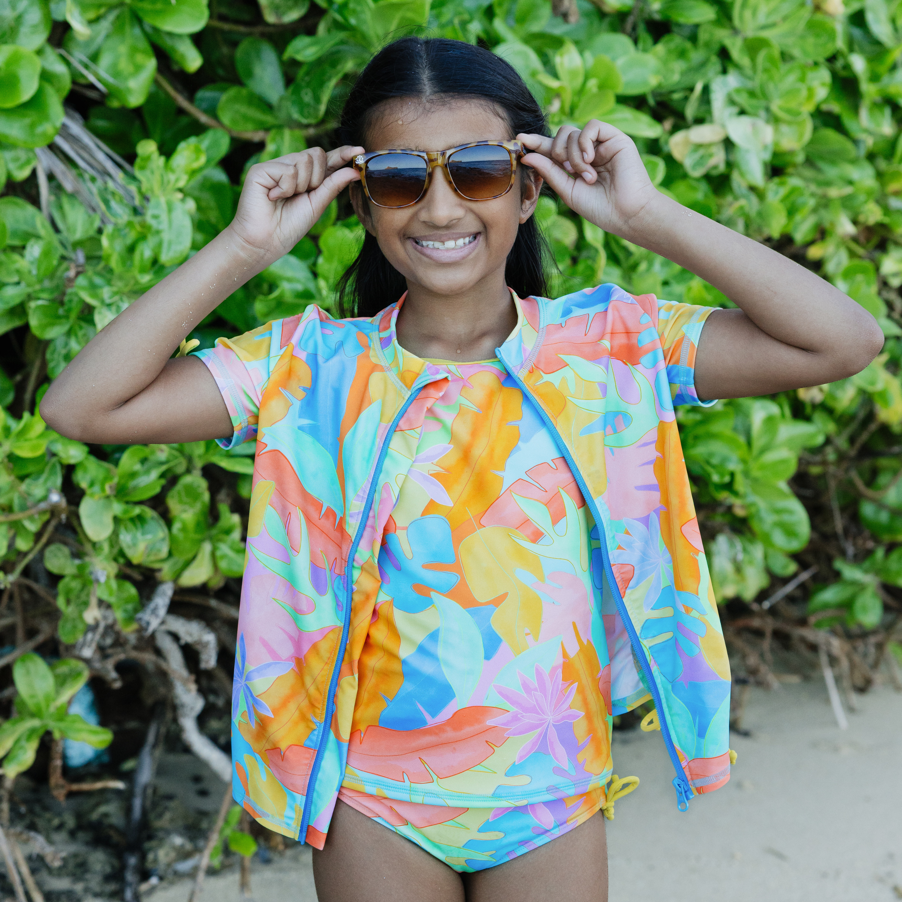 Girls Short Sleeve Rash Guard + Tankini Bikini Set (3 Piece) | "Vibrant Vacay"-SwimZip UPF 50+ Sun Protective Swimwear & UV Zipper Rash Guards-pos2