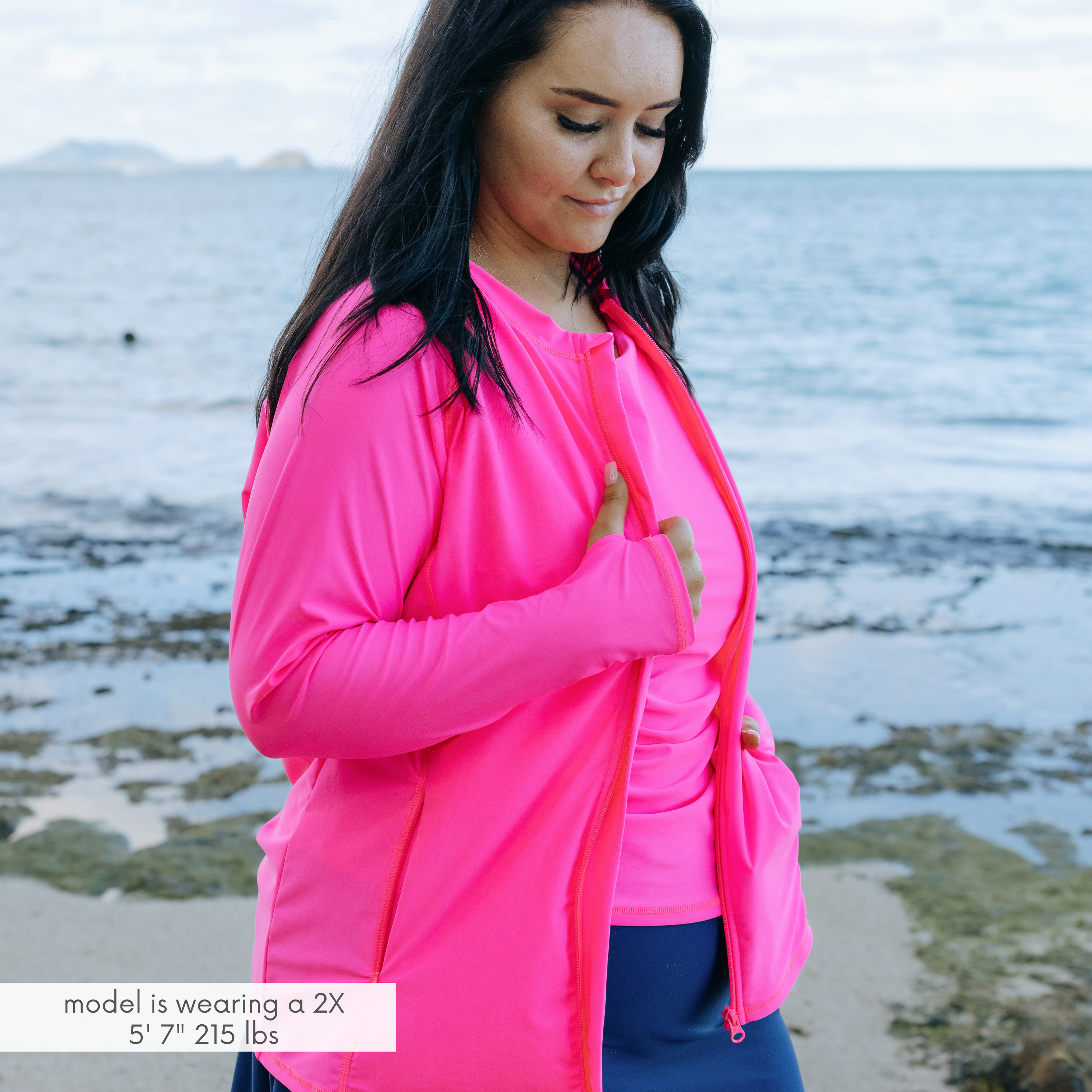 Women's Long Sleeve Rash Guard with Pockets | "Neon Pink"-SwimZip UPF 50+ Sun Protective Swimwear & UV Zipper Rash Guards-pos2