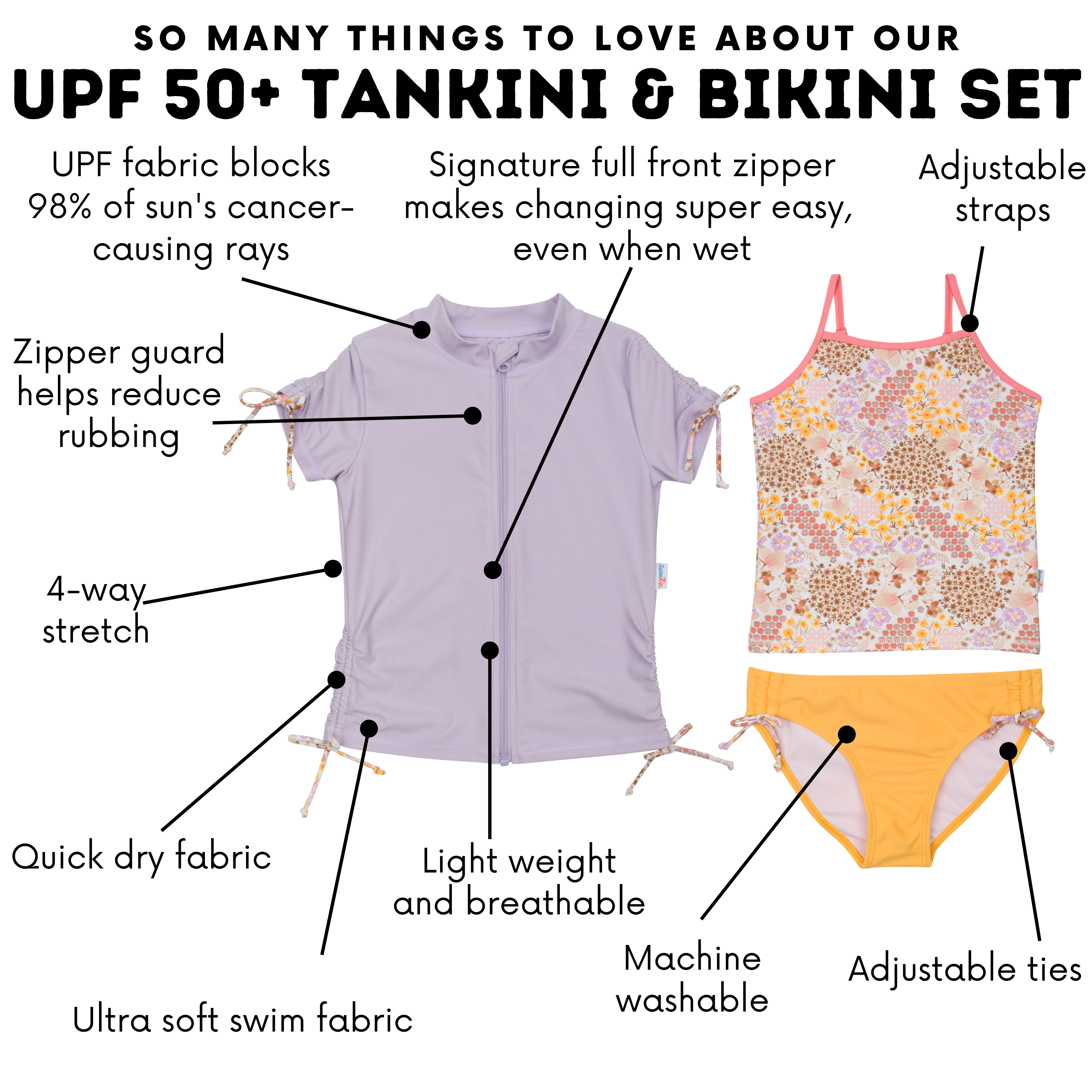 Girls Short Sleeve Rash Guard + Tankini Bikini Set (3 Piece) | "Meadows”-SwimZip UPF 50+ Sun Protective Swimwear & UV Zipper Rash Guards-pos4