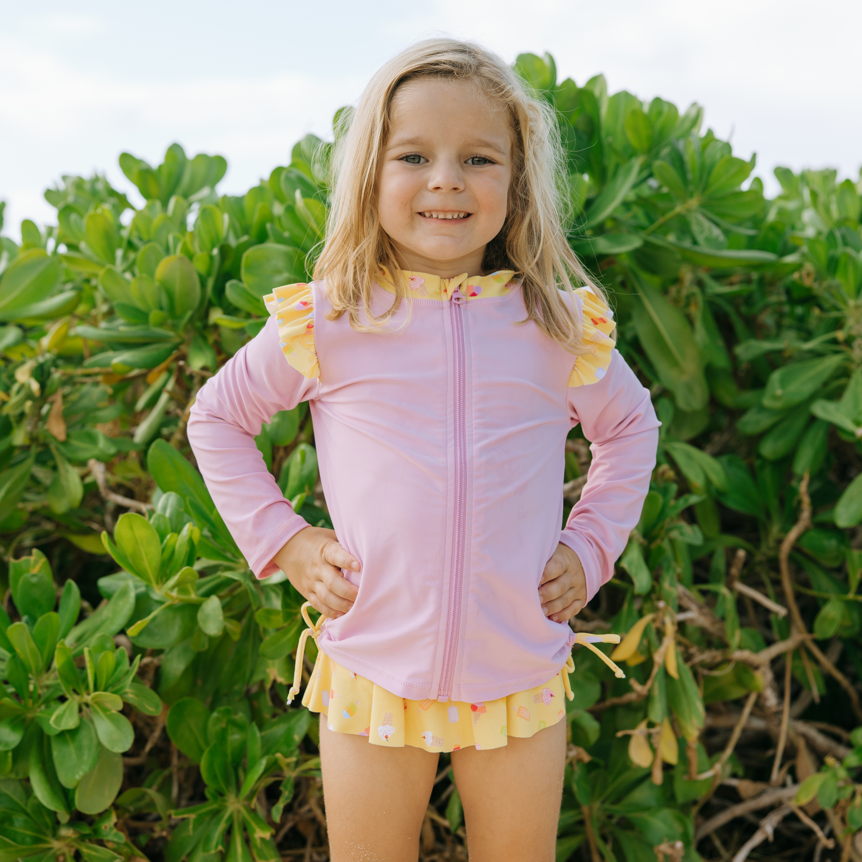 Girls Long Sleeve Rash Guard Ruffle Bottom Swimsuit Set (2 Piece) | "Sweetie"-SwimZip UPF 50+ Sun Protective Swimwear & UV Zipper Rash Guards-pos2