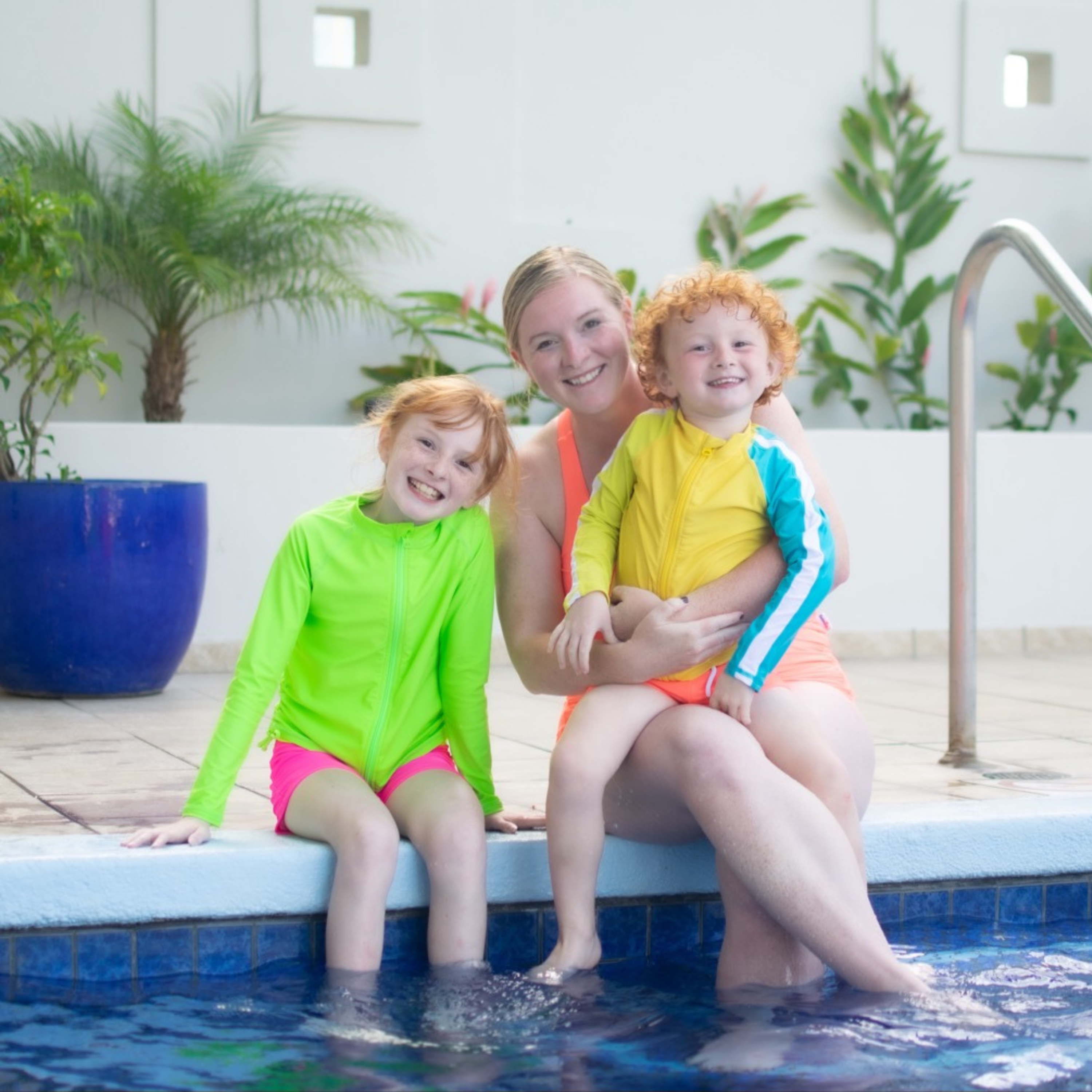Girls Long Sleeve Rash Guard + Tankini Shorts Set (3 Piece) | "Neon Sunrise"-SwimZip UPF 50+ Sun Protective Swimwear & UV Zipper Rash Guards-pos2