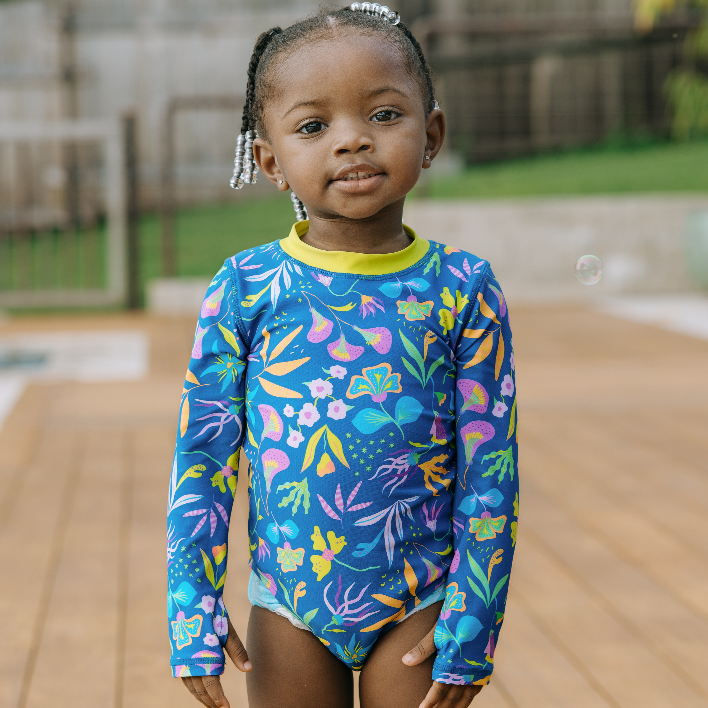 Girls Long Sleeve Surf Suit (One Piece Bodysuit) | "Tropadelic"-SwimZip UPF 50+ Sun Protective Swimwear & UV Zipper Rash Guards-pos2