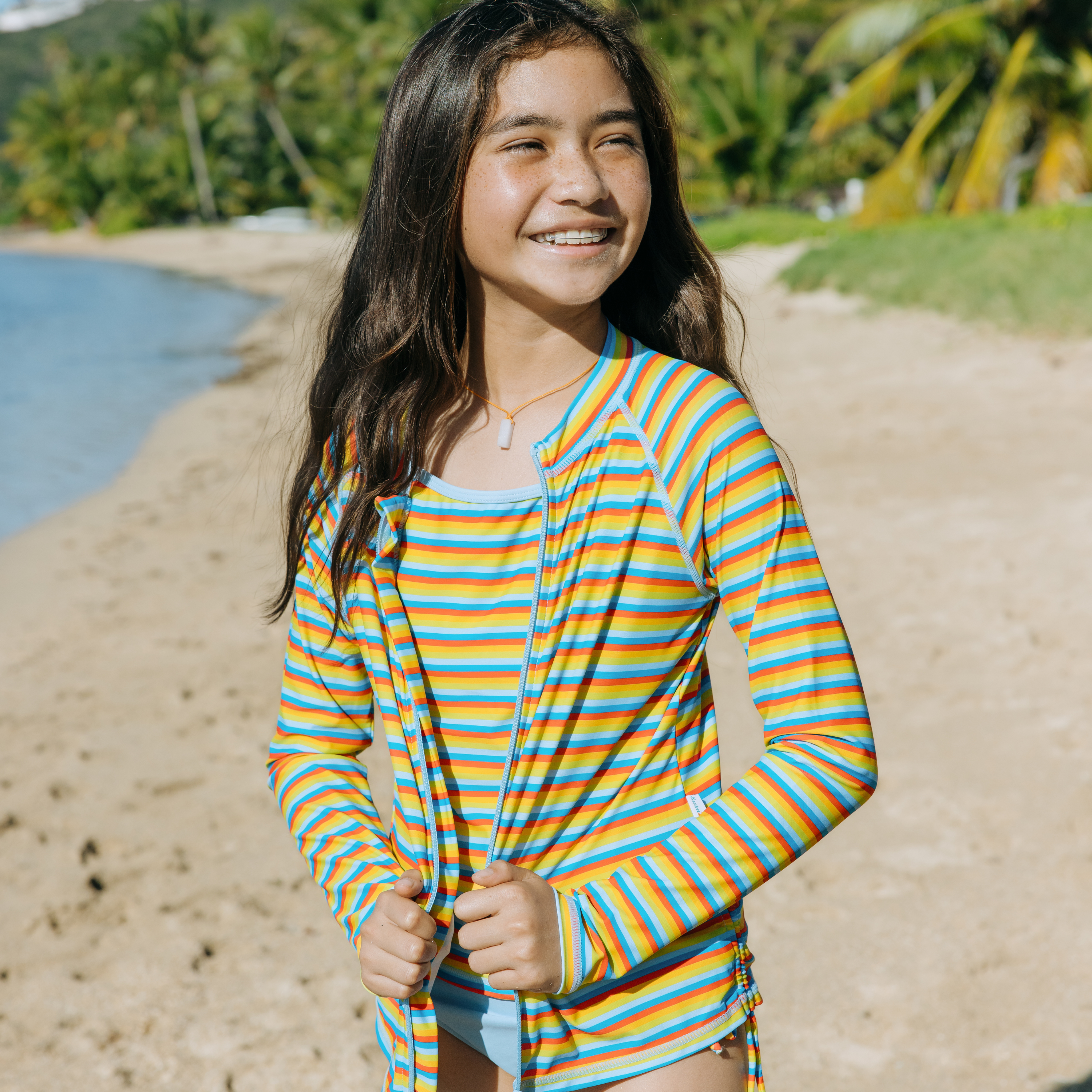 Girls Long Sleeve Rash Guard + Tankini Bikini Set (3 Piece) | "Sunny Stripe"-SwimZip UPF 50+ Sun Protective Swimwear & UV Zipper Rash Guards-pos2