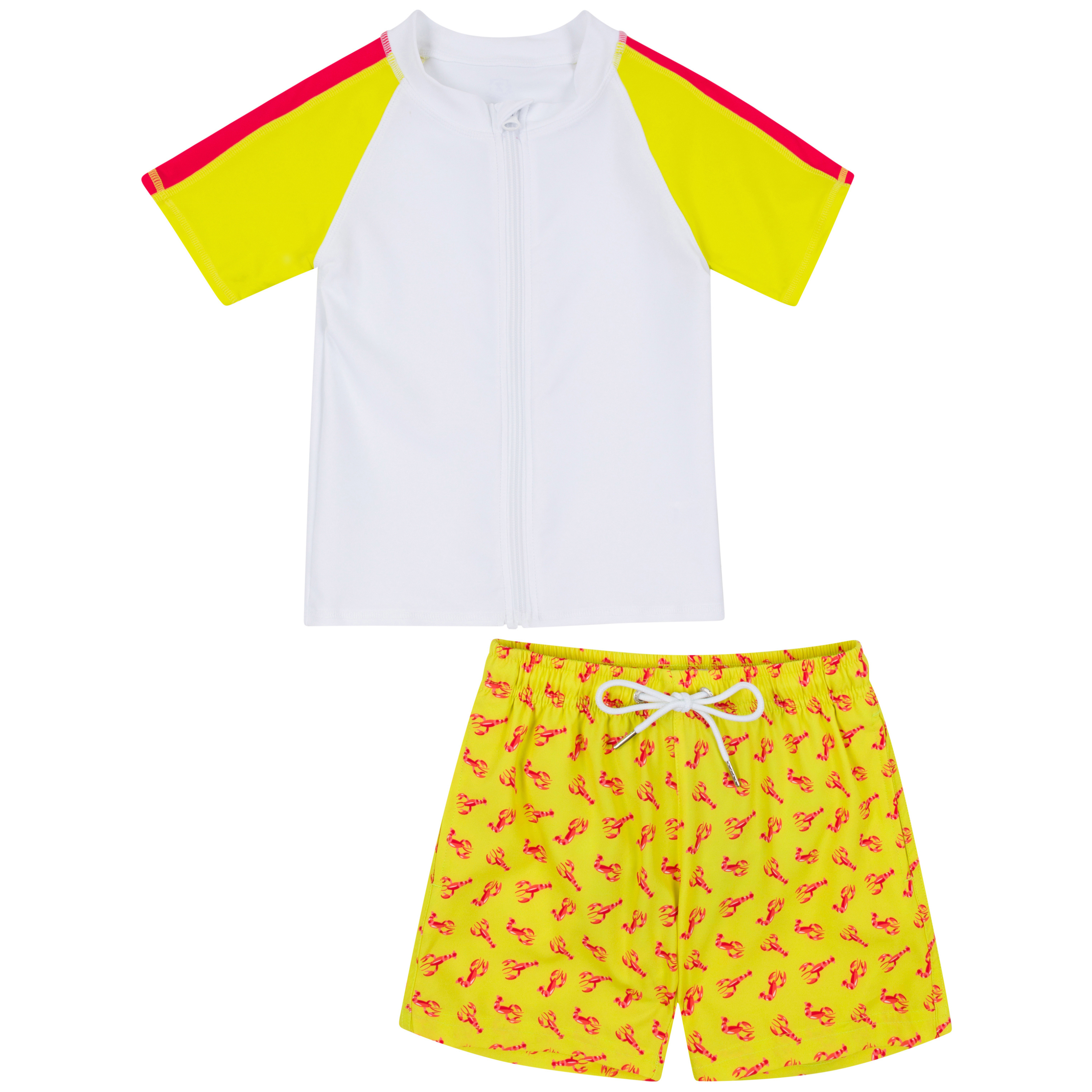 Boys Short Sleeve Zipper Rash Guard and Swim Trunk Set | "Lobster"-6-12 Month-Lobster-SwimZip UPF 50+ Sun Protective Swimwear & UV Zipper Rash Guards-pos1