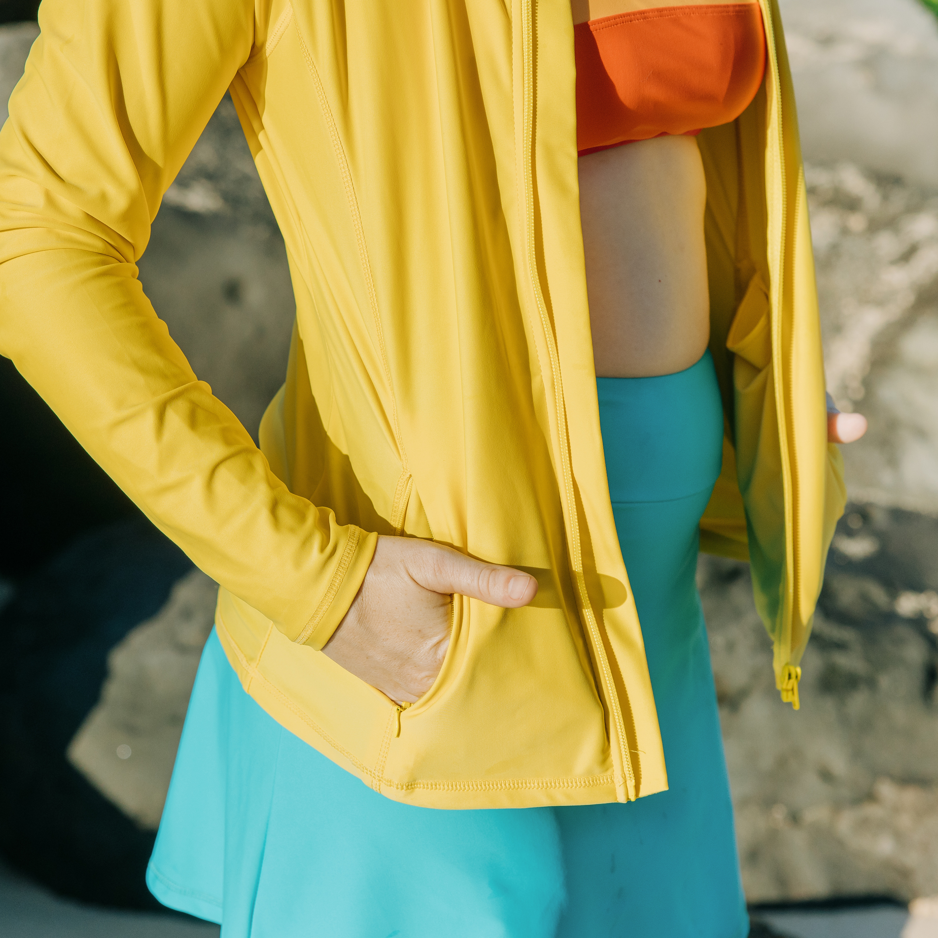 Women's Long Sleeve Rash Guard with Pockets | "Yellow"-SwimZip UPF 50+ Sun Protective Swimwear & UV Zipper Rash Guards-pos8