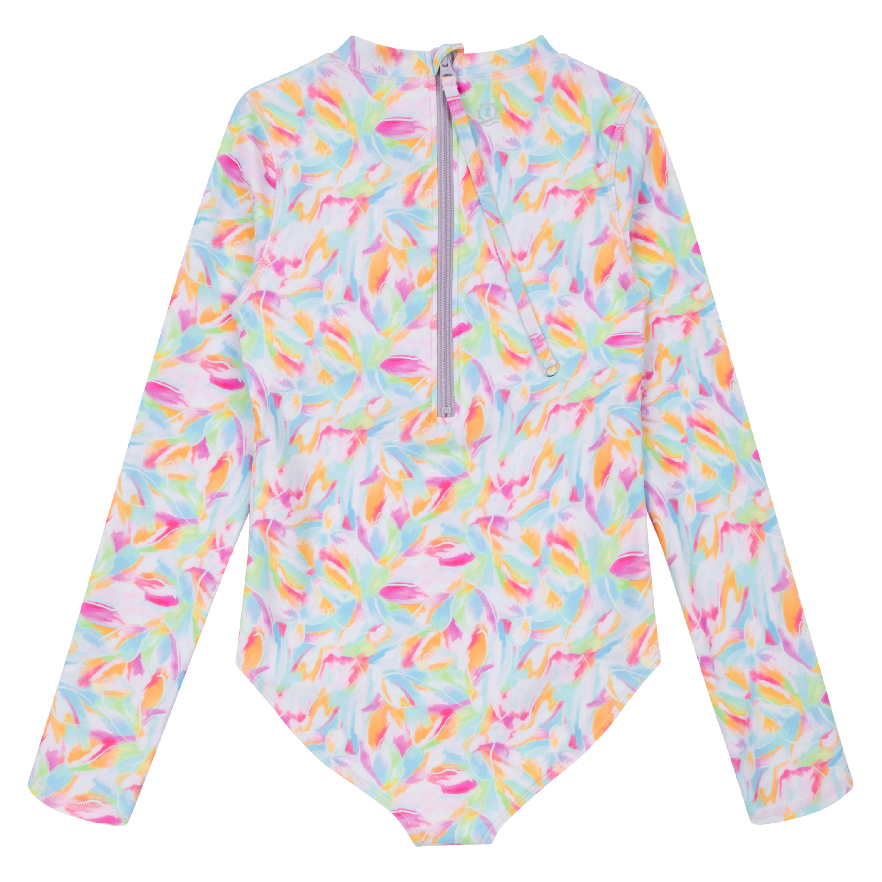 Girls Long Sleeve Surf Suit (One Piece Bodysuit) | "Petals"-SwimZip UPF 50+ Sun Protective Swimwear & UV Zipper Rash Guards-pos10