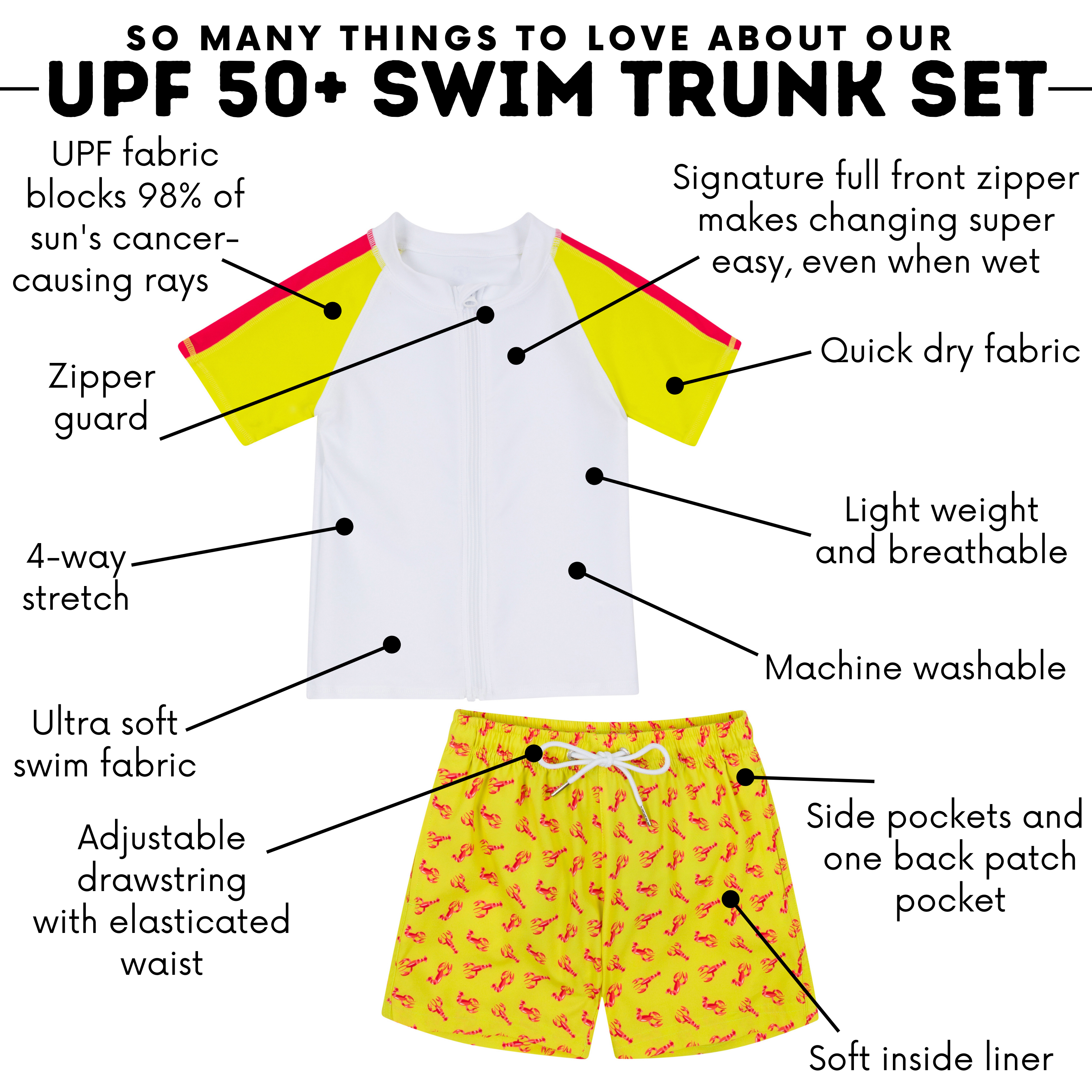 Boys Short Sleeve Zipper Rash Guard and Swim Trunk Set | "Lobster"-SwimZip UPF 50+ Sun Protective Swimwear & UV Zipper Rash Guards-pos4