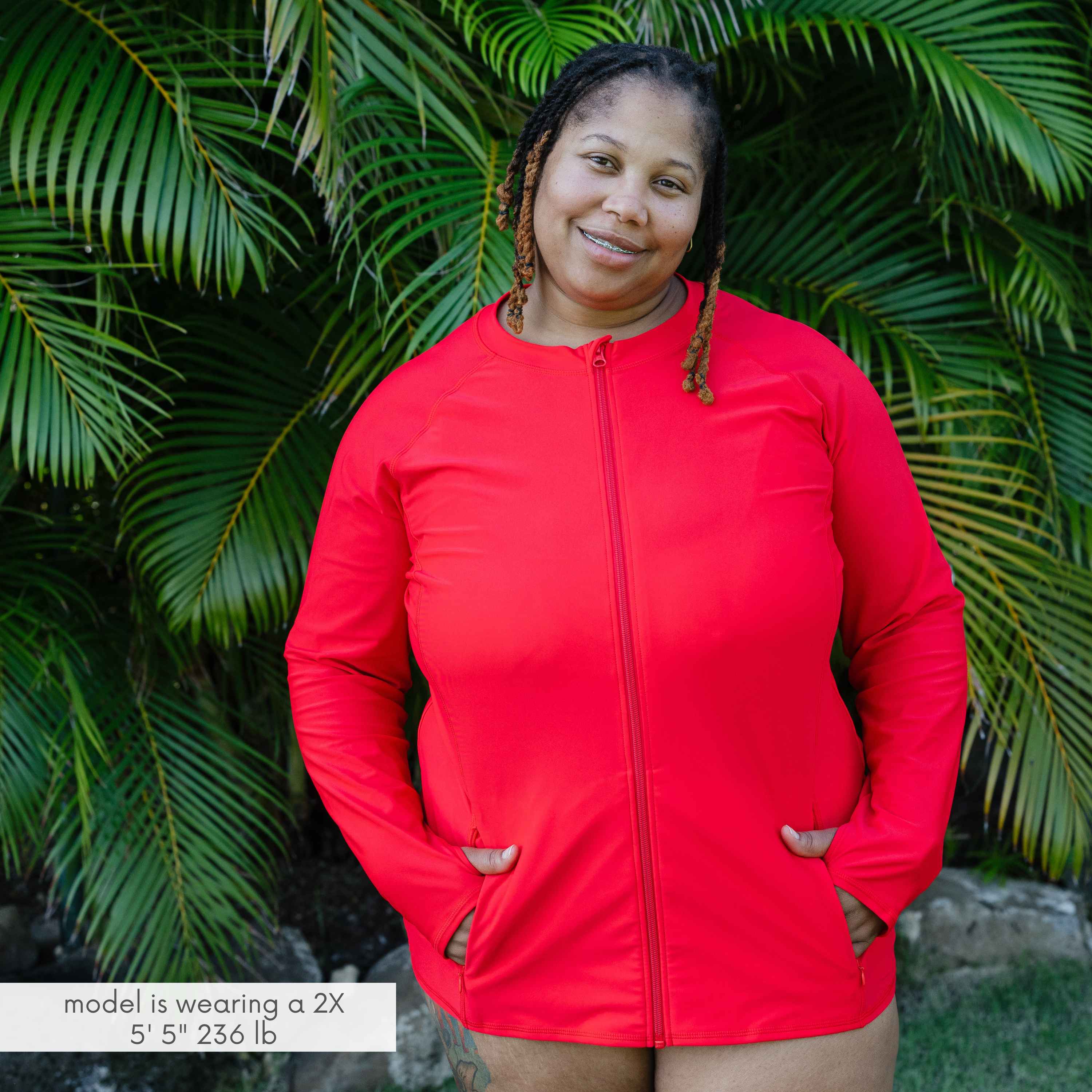 Women's Long Sleeve Rash Guard with Pockets | "Red"-SwimZip UPF 50+ Sun Protective Swimwear & UV Zipper Rash Guards-pos6