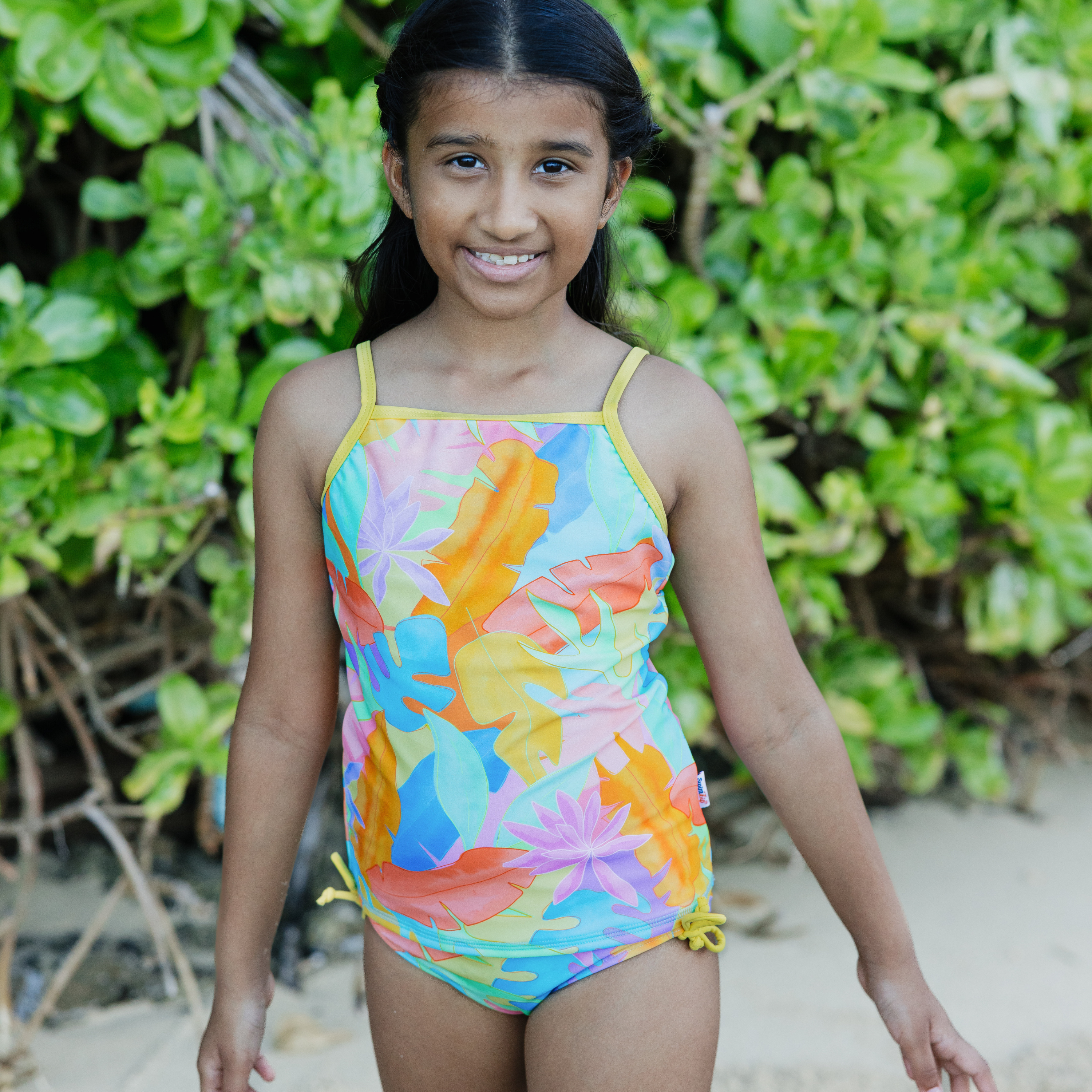 Girls Short Sleeve Rash Guard + Tankini Bikini Set (3 Piece) | "Vibrant Vacay"-SwimZip UPF 50+ Sun Protective Swimwear & UV Zipper Rash Guards-pos3